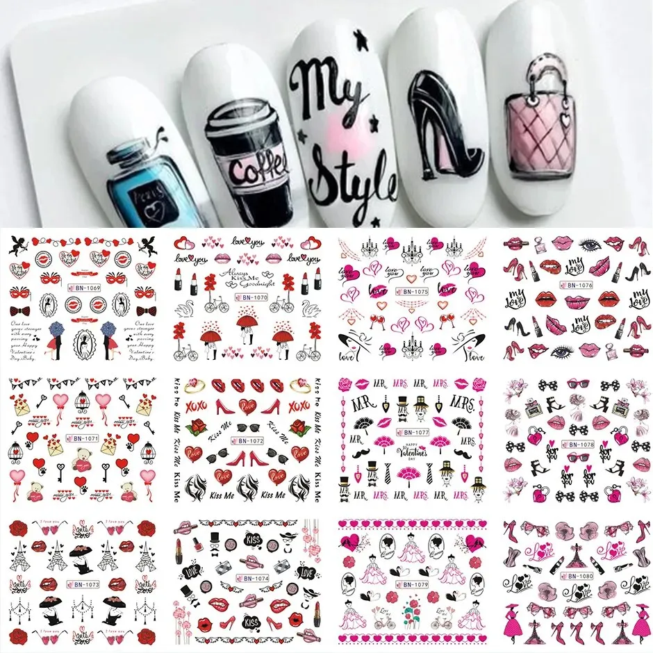 12pcs Valentines Manicure Love Letter Flower Sliders for Nails Inscriptions Nail Art Decoration Water Sticker Tips GLBN1489-1500