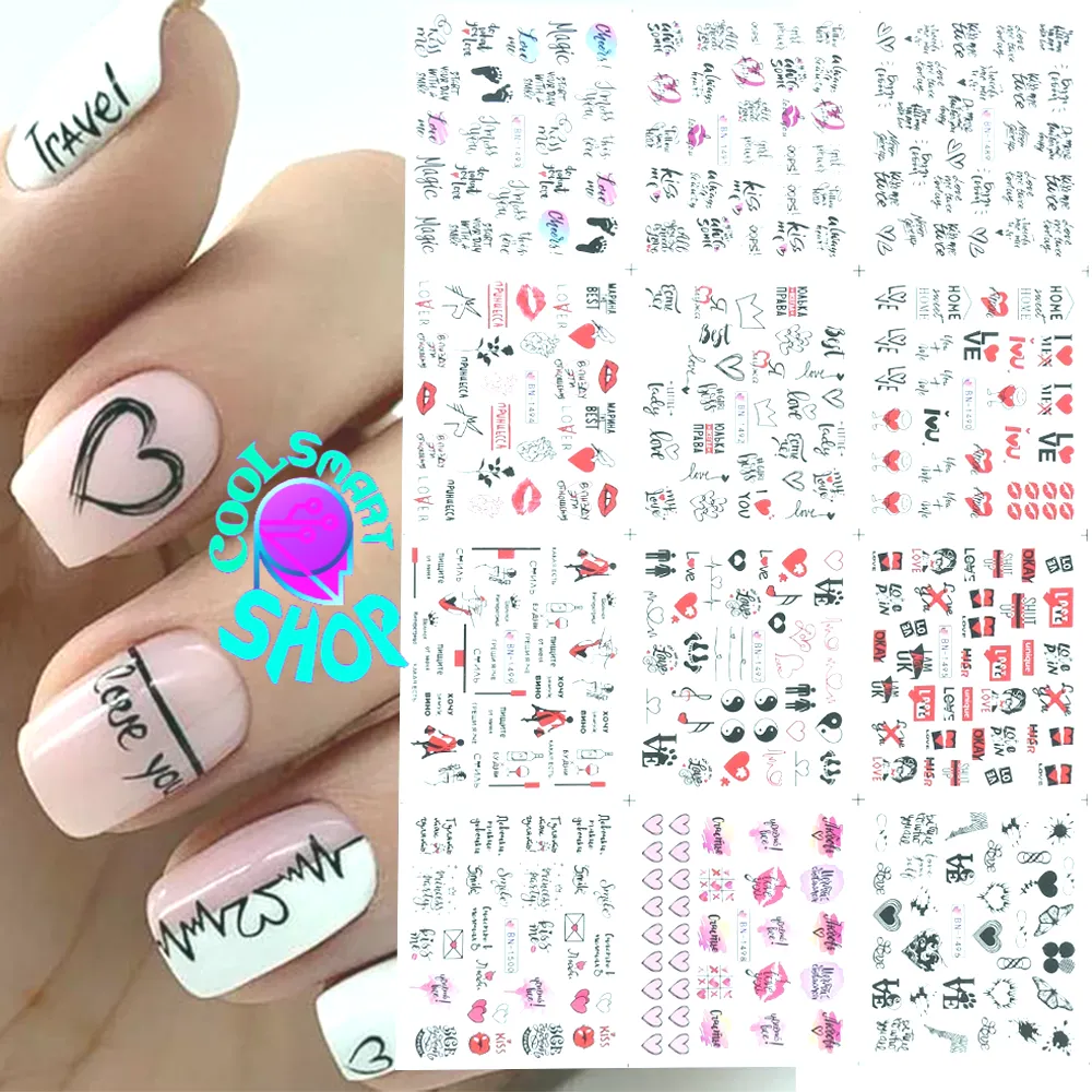 12pcs Valentines Manicure Love Letter Flower Sliders for Nails Inscriptions Nail Art Decoration Water Sticker Tips GLBN1489-1500