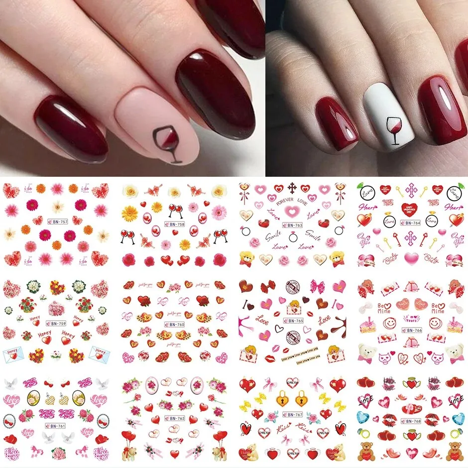 12pcs Valentines Manicure Love Letter Flower Sliders for Nails Inscriptions Nail Art Decoration Water Sticker Tips GLBN1489-1500