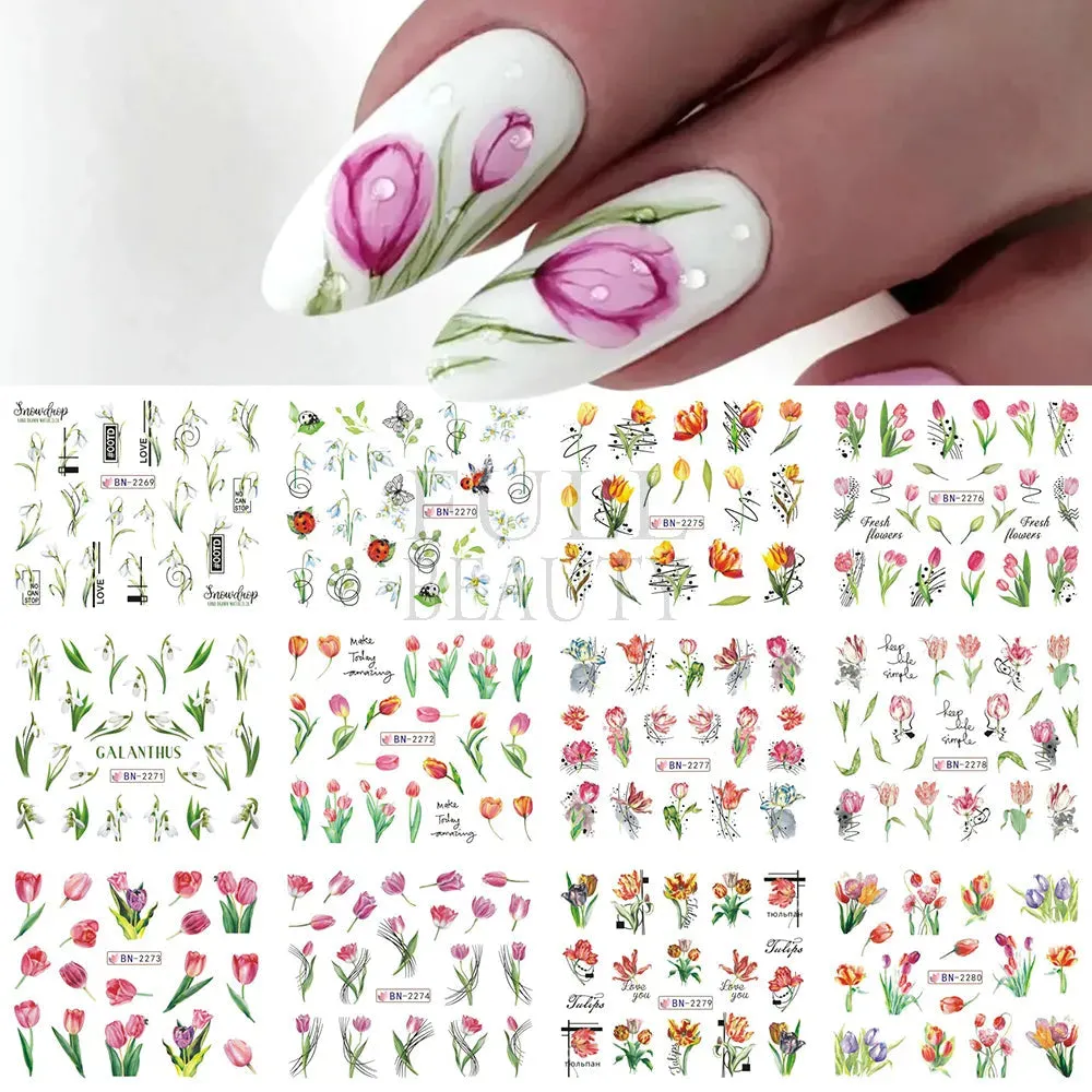 12pcs Valentines Manicure Love Letter Flower Sliders for Nails Inscriptions Nail Art Decoration Water Sticker Tips GLBN1489-1500