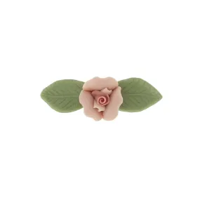 1928 Jewelry Genuine Pink Porcelain Rose & Green Leaf Bar Pin