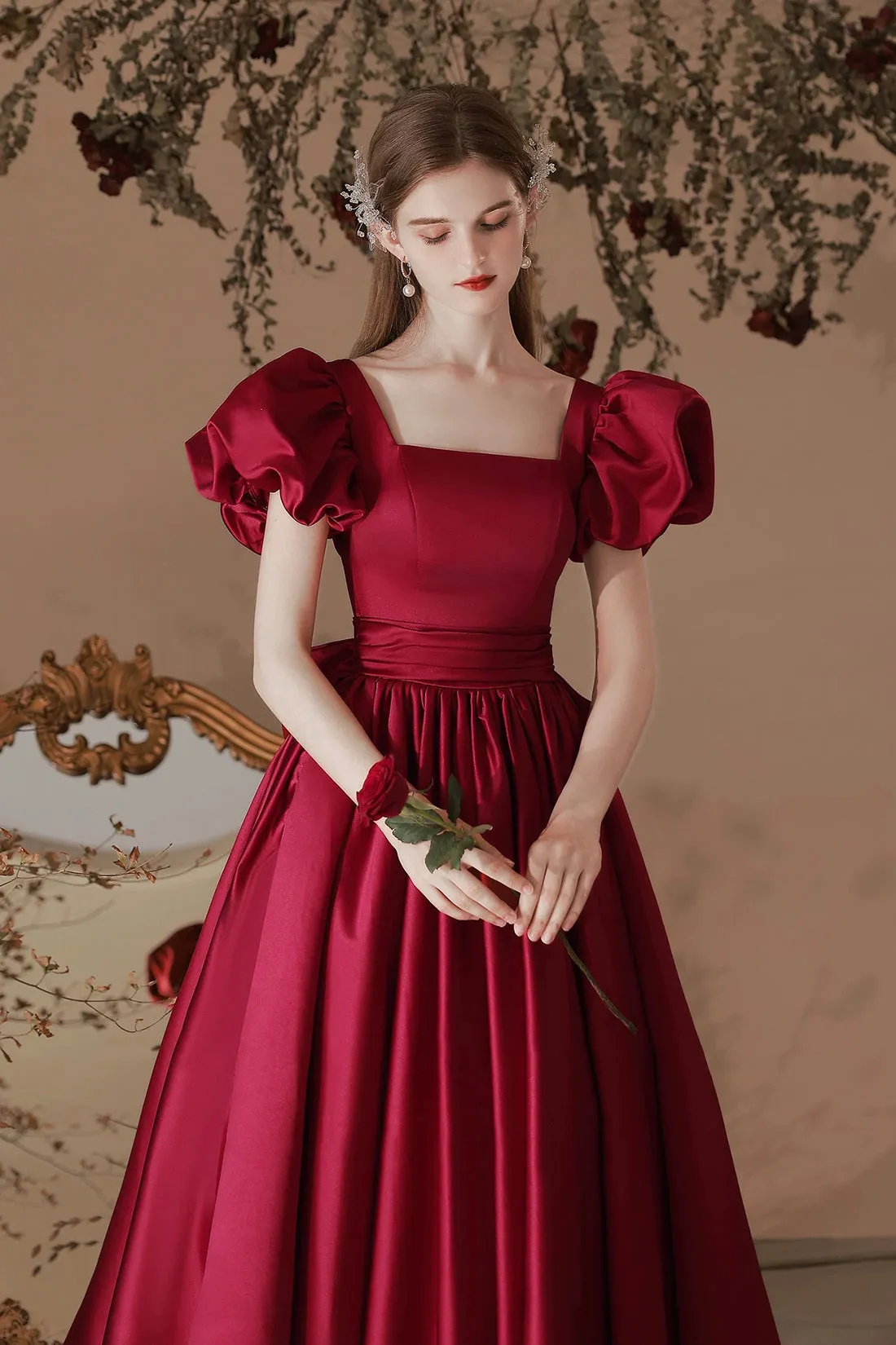 A-Line Satin Tea Length Prom Dress, Burgundy Short Sleeve Party Dress