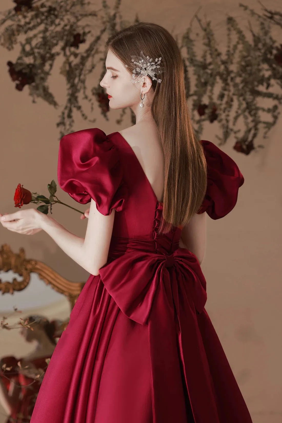 A-Line Satin Tea Length Prom Dress, Burgundy Short Sleeve Party Dress