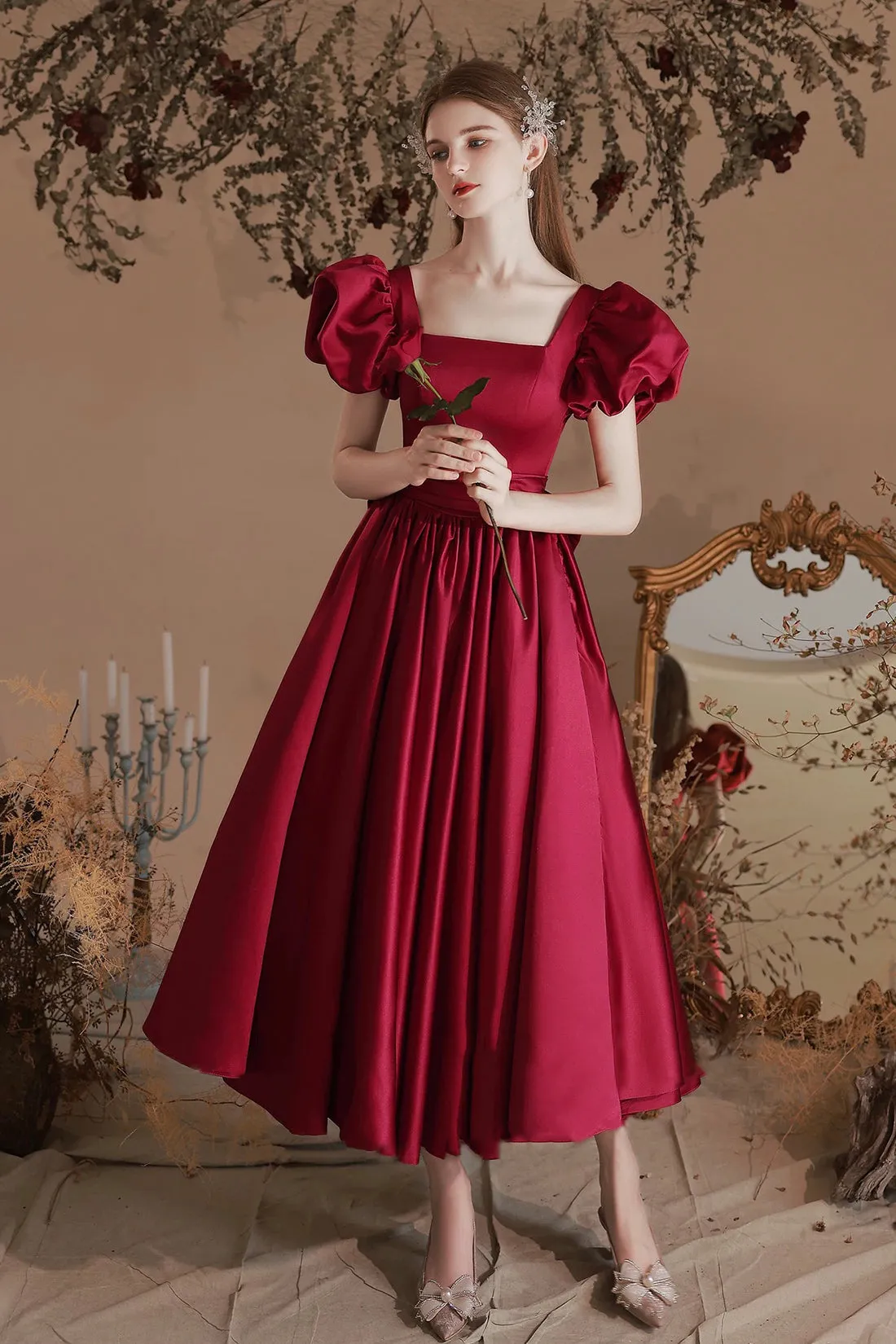 A-Line Satin Tea Length Prom Dress, Burgundy Short Sleeve Party Dress
