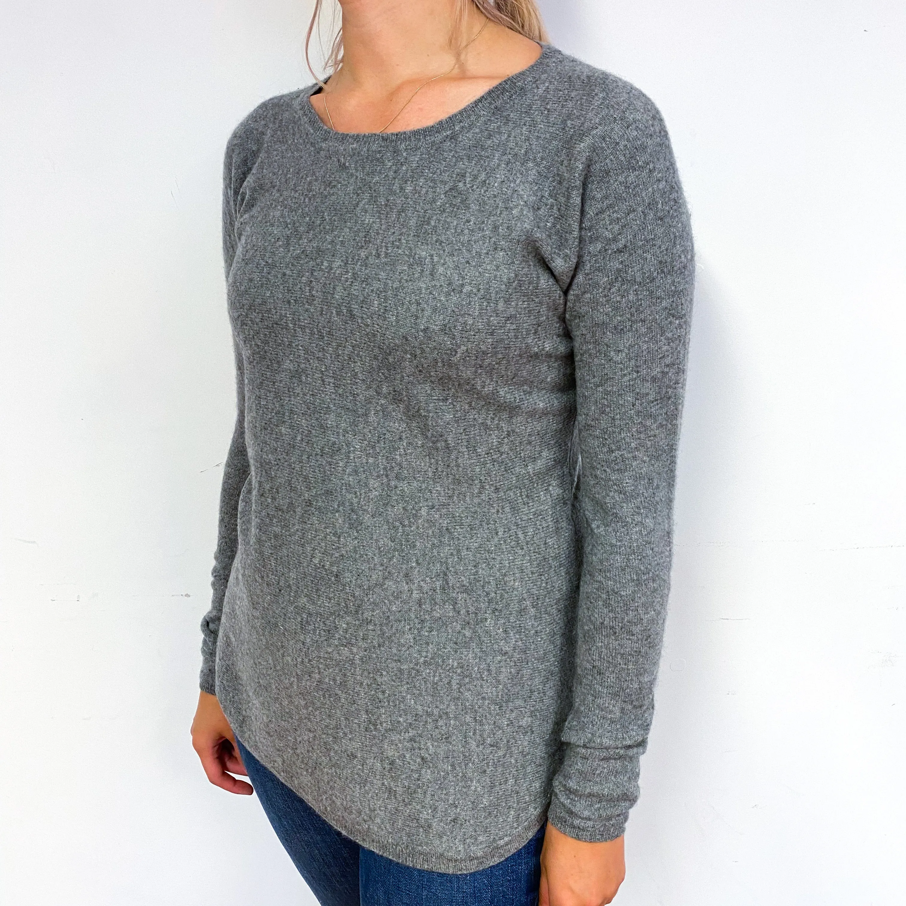Ash Grey Longline Cashmere Crew Neck Jumper Small