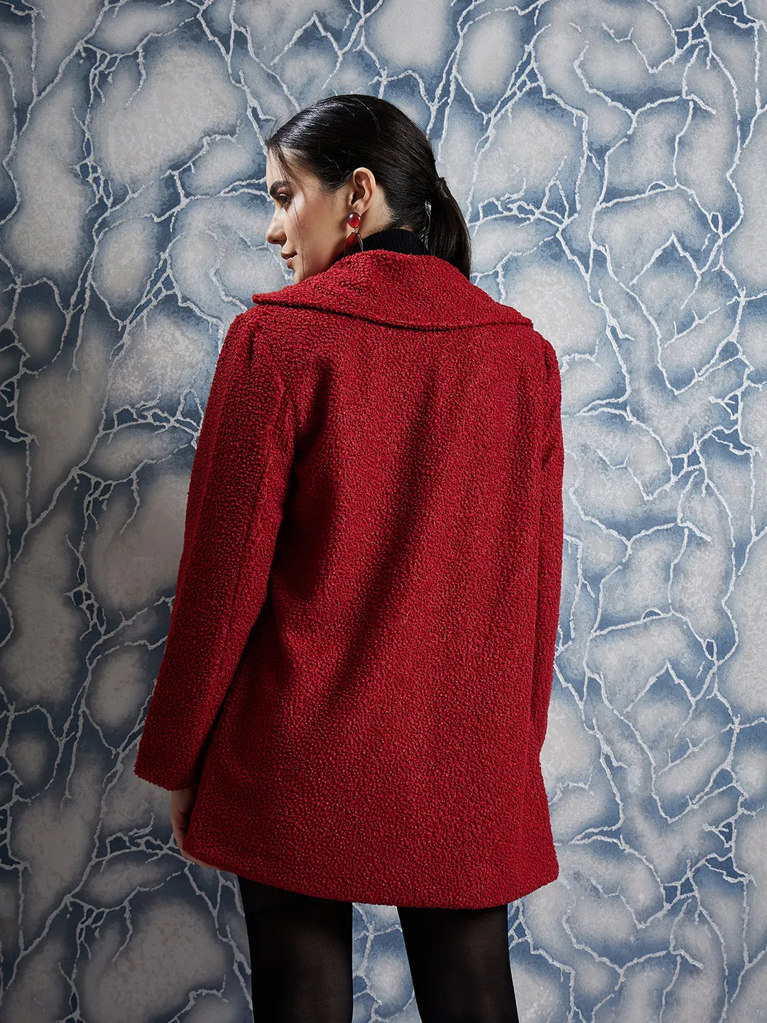 Athena Maroon Woollen Textured Front-Open Overcoat
