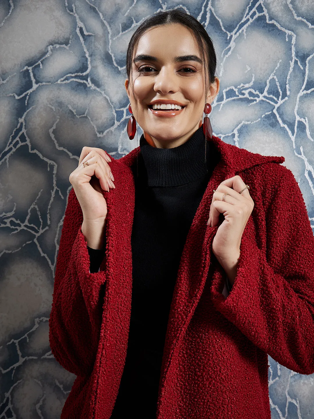 Athena Maroon Woollen Textured Front-Open Overcoat