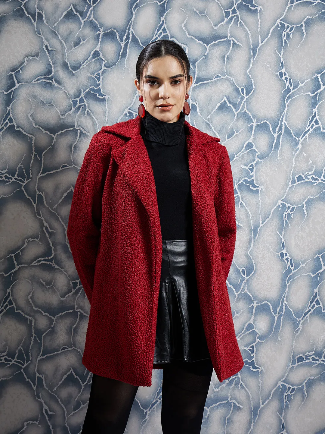 Athena Maroon Woollen Textured Front-Open Overcoat