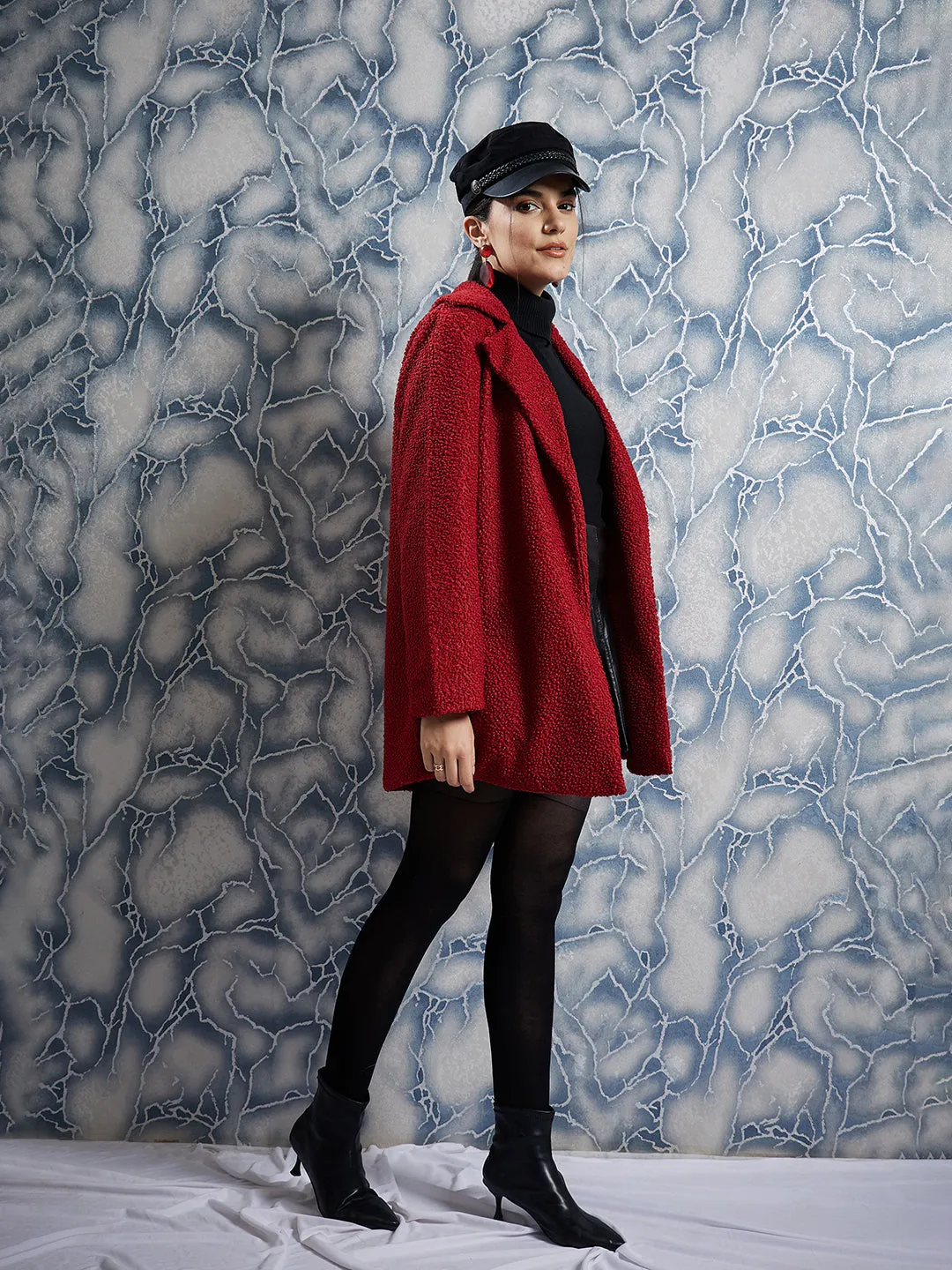 Athena Maroon Woollen Textured Front-Open Overcoat