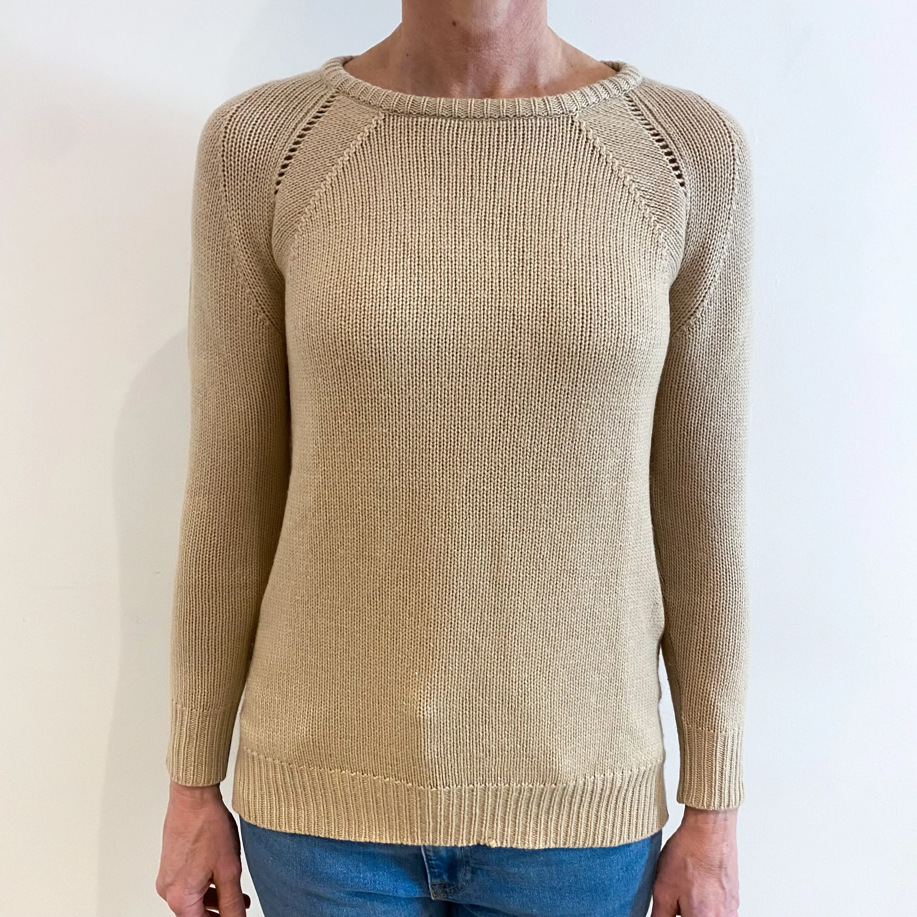Beige Chunky Cashmere Crew Neck Jumper Small