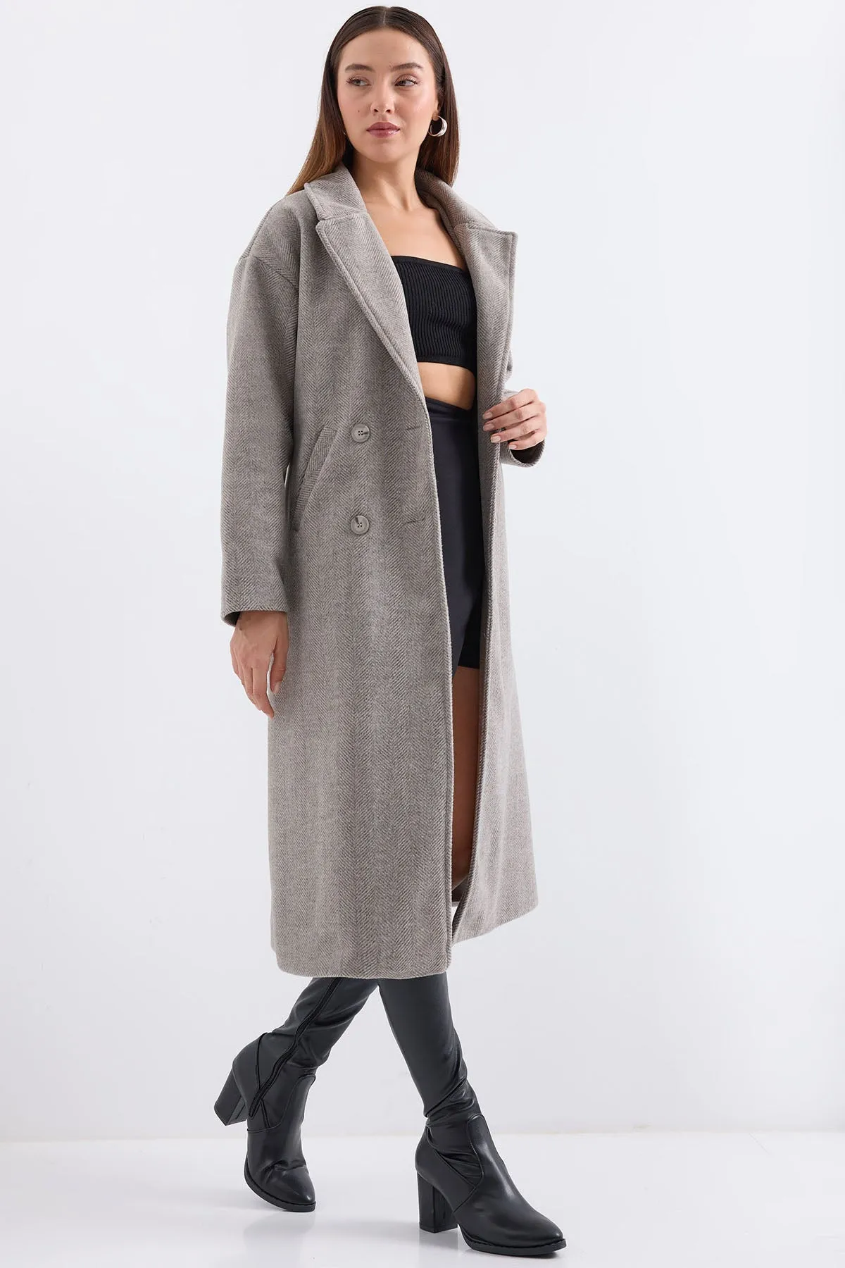 BGD Women Oversize Wide Cut Wool Long Coat - Grey - San José del Cabo