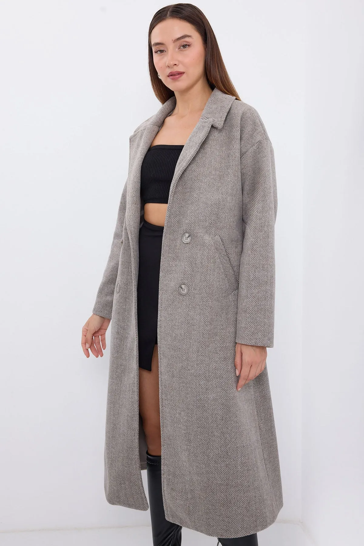 BGD Women Oversize Wide Cut Wool Long Coat - Grey - San José del Cabo
