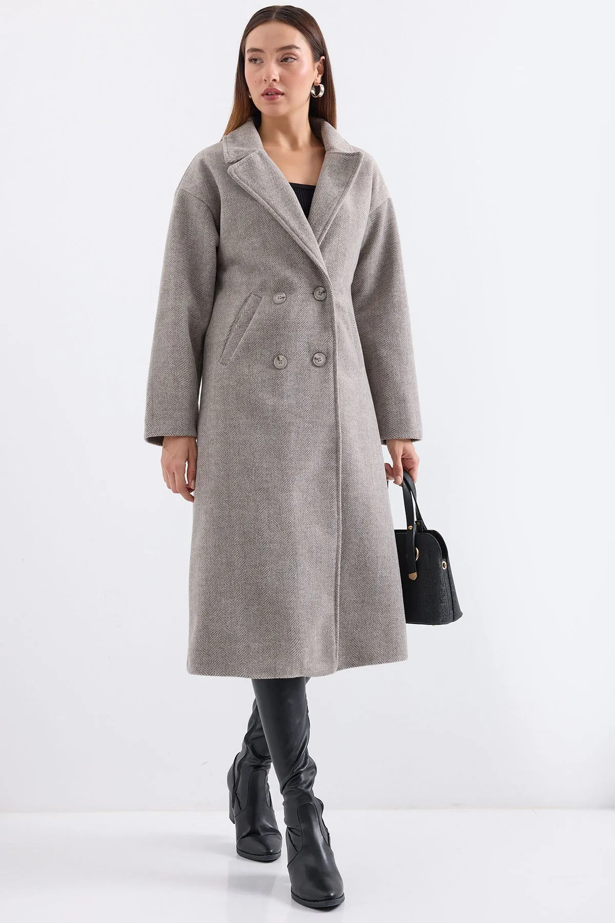 BGD Women Oversize Wide Cut Wool Long Coat - Grey - San José del Cabo