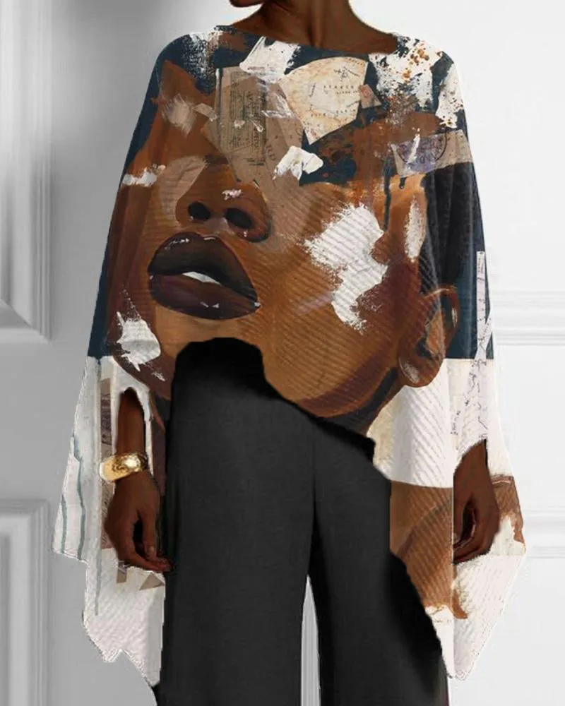 Black Girl Art Color Patchwork Print Irregular Hem Ladies Top