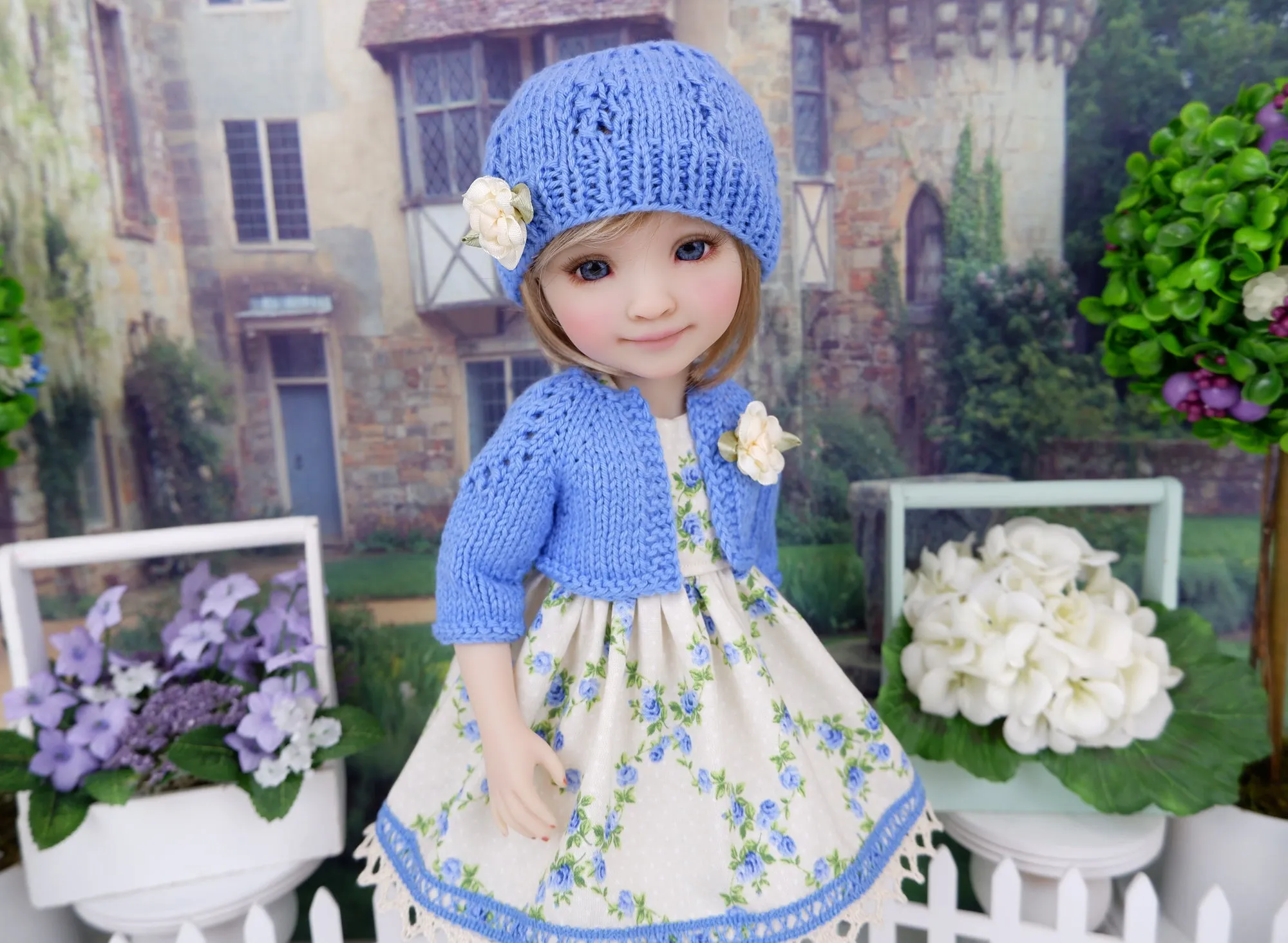Blue Tea Roses - dress and sweater set with shoes for Ruby Red Fashion Friends doll