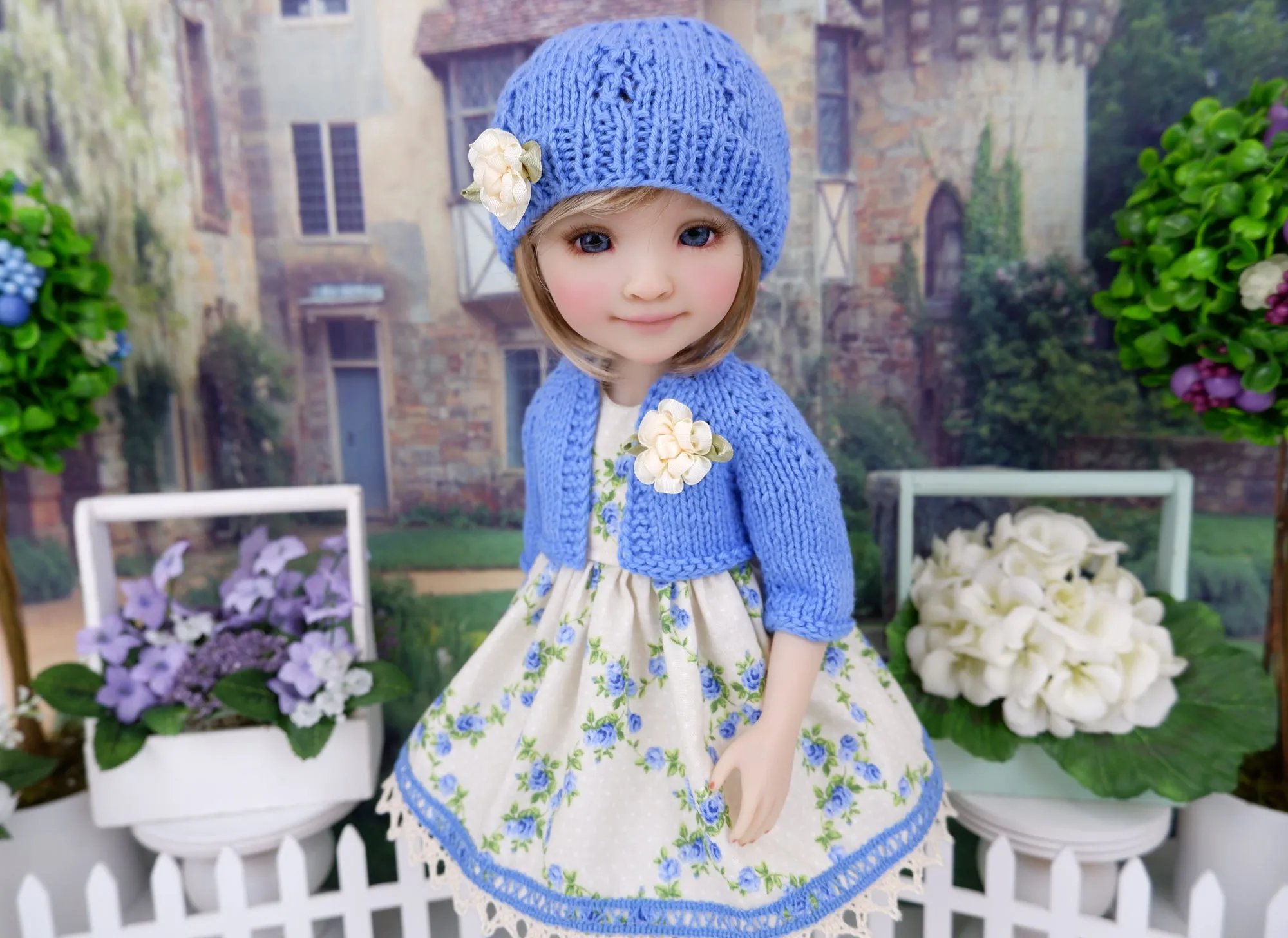 Blue Tea Roses - dress and sweater set with shoes for Ruby Red Fashion Friends doll