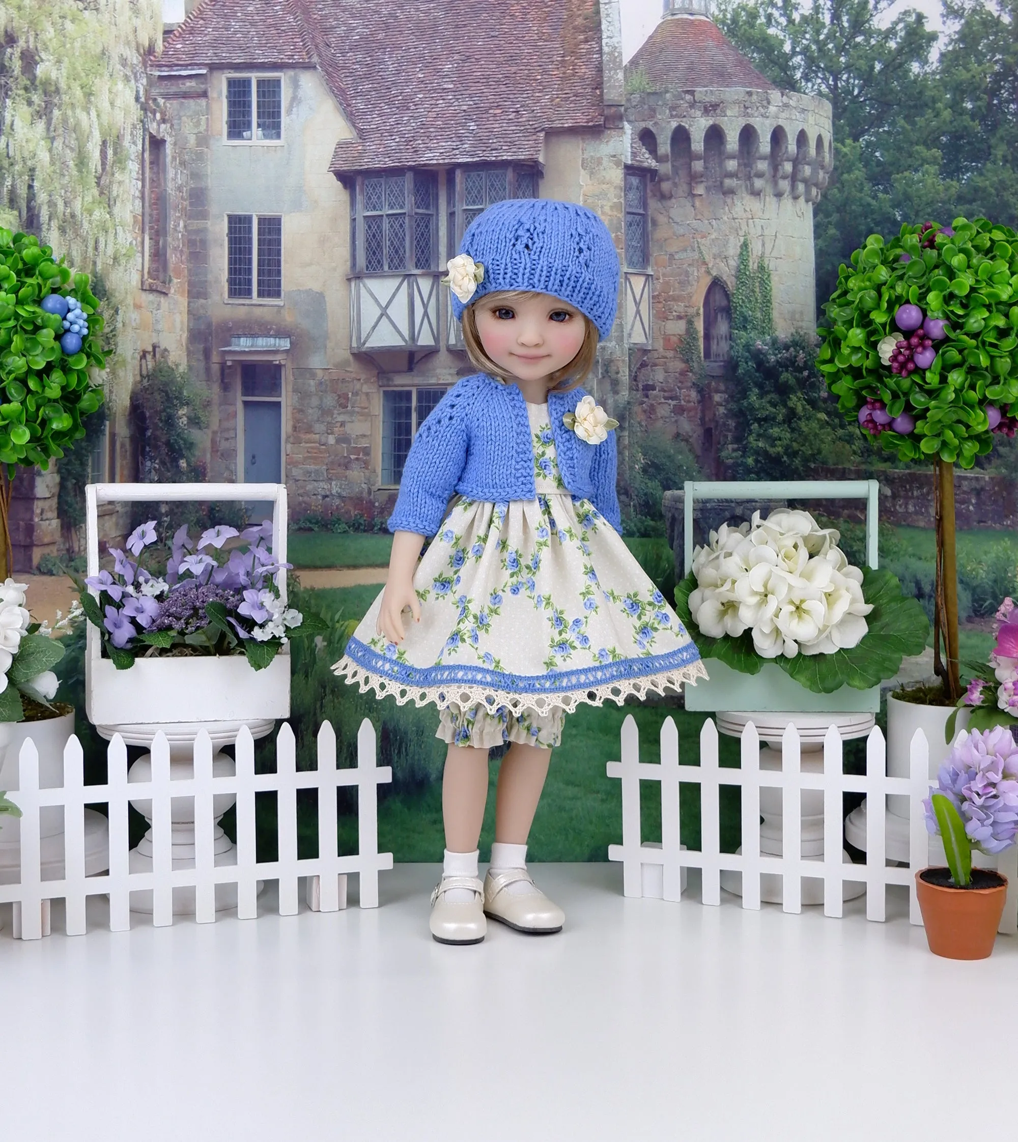 Blue Tea Roses - dress and sweater set with shoes for Ruby Red Fashion Friends doll