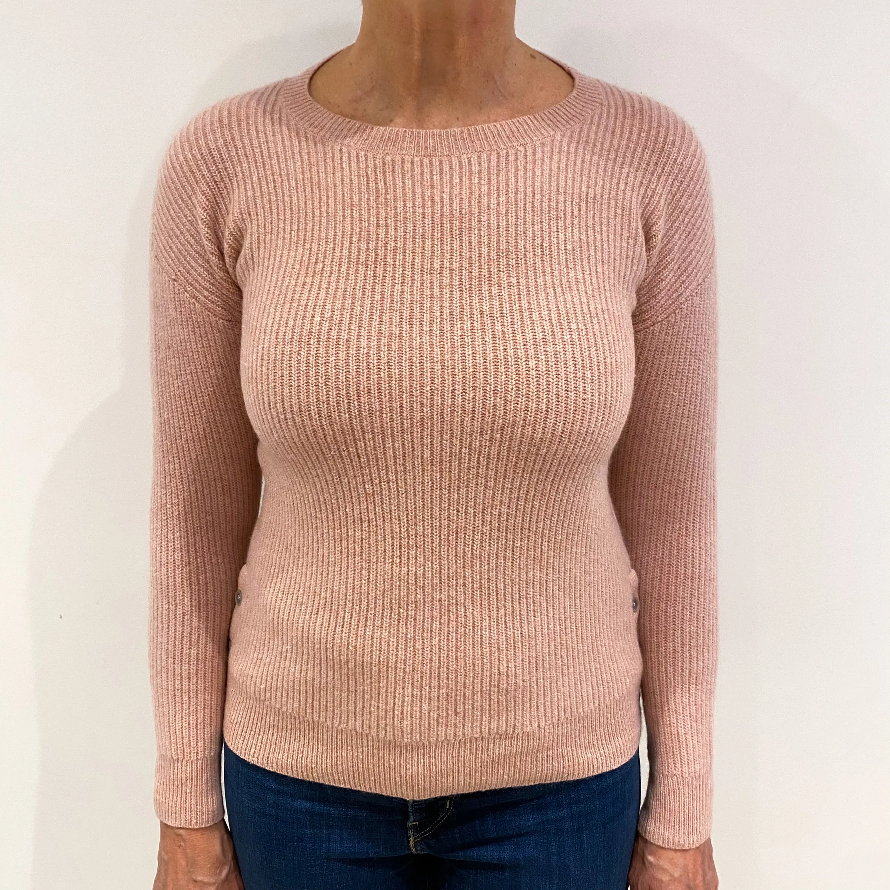 Blush Pink Chunky Rib Cashmere Crew Neck Jumper Medium