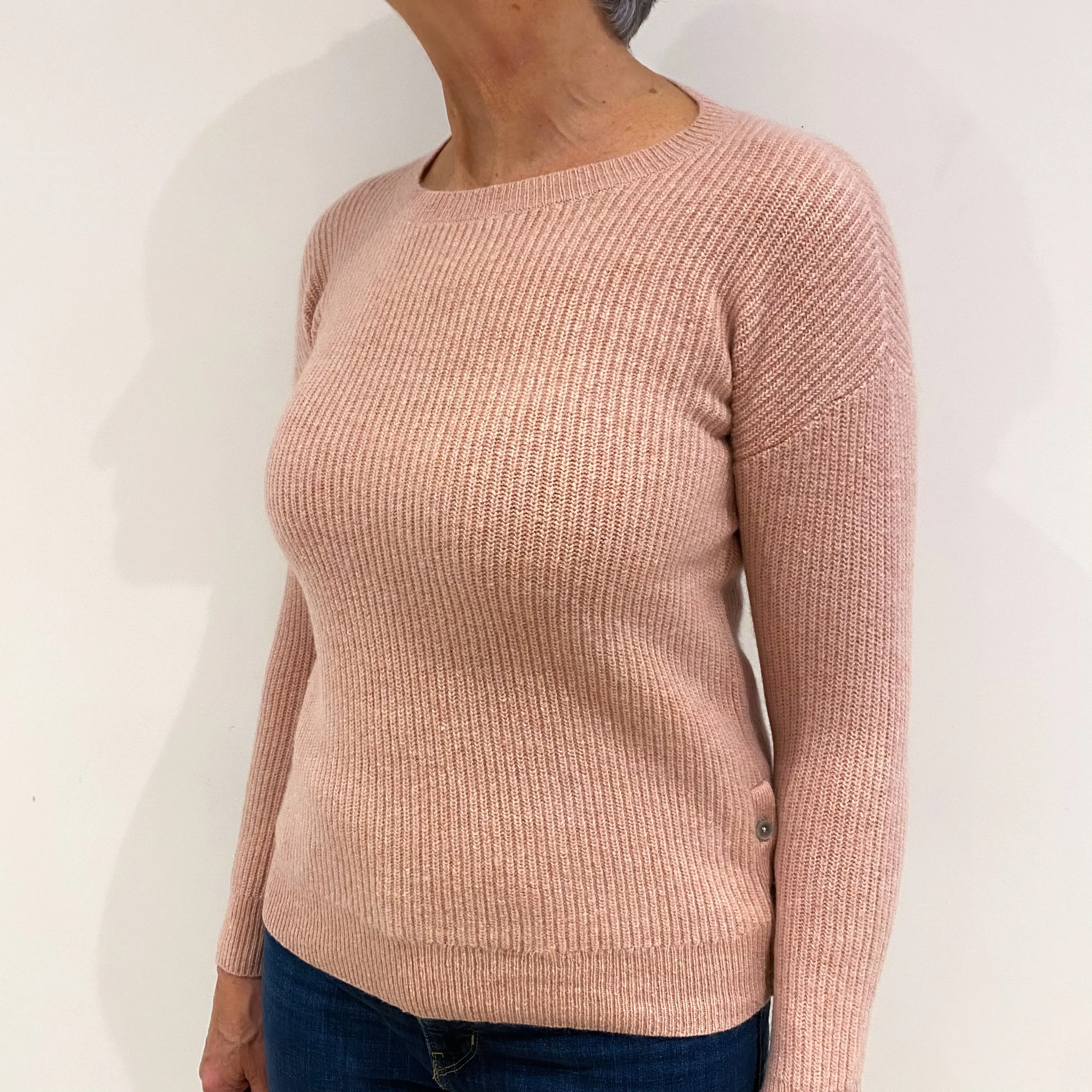 Blush Pink Chunky Rib Cashmere Crew Neck Jumper Medium