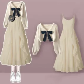 Bow Knot Cardigan Sweater Flouncing Slip Dress