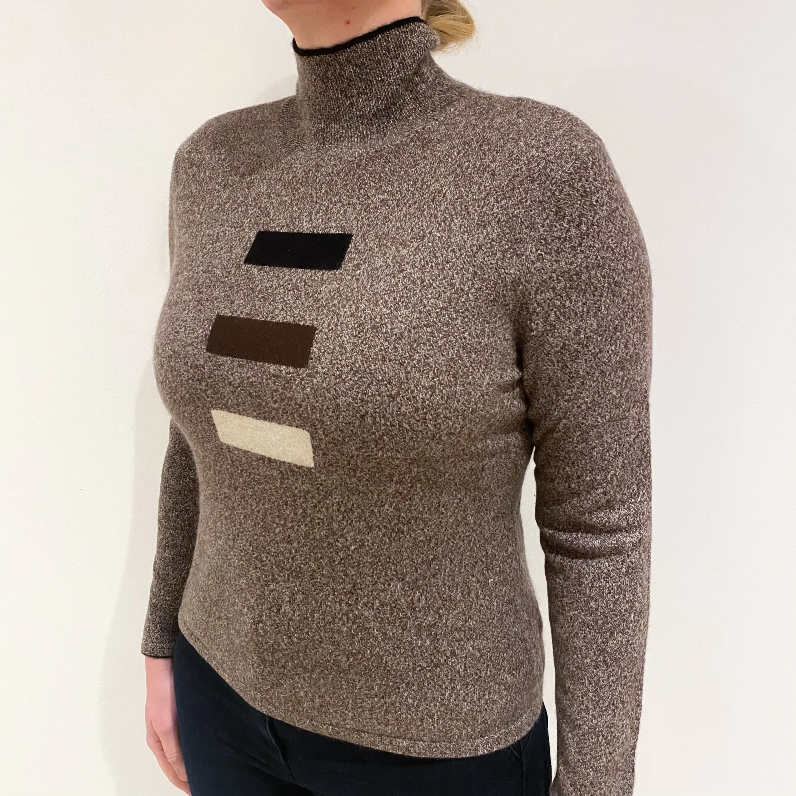 Chocolate Brown Marl Cashmere Funnel Neck Jumper Large