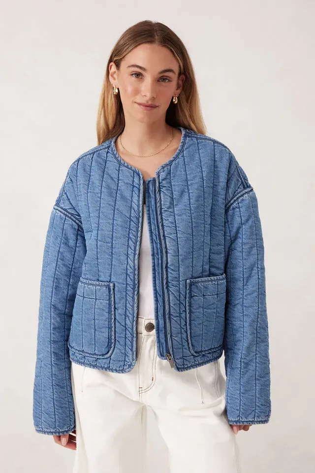 Comfy Quilted Boxy Jacket - Worn Blue Denim