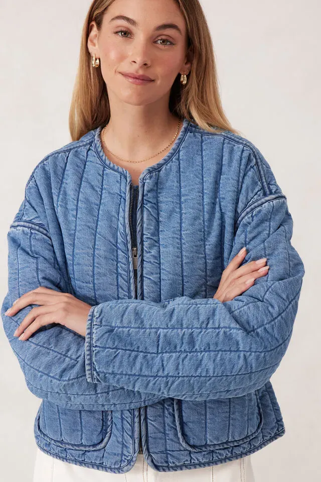 Comfy Quilted Boxy Jacket - Worn Blue Denim