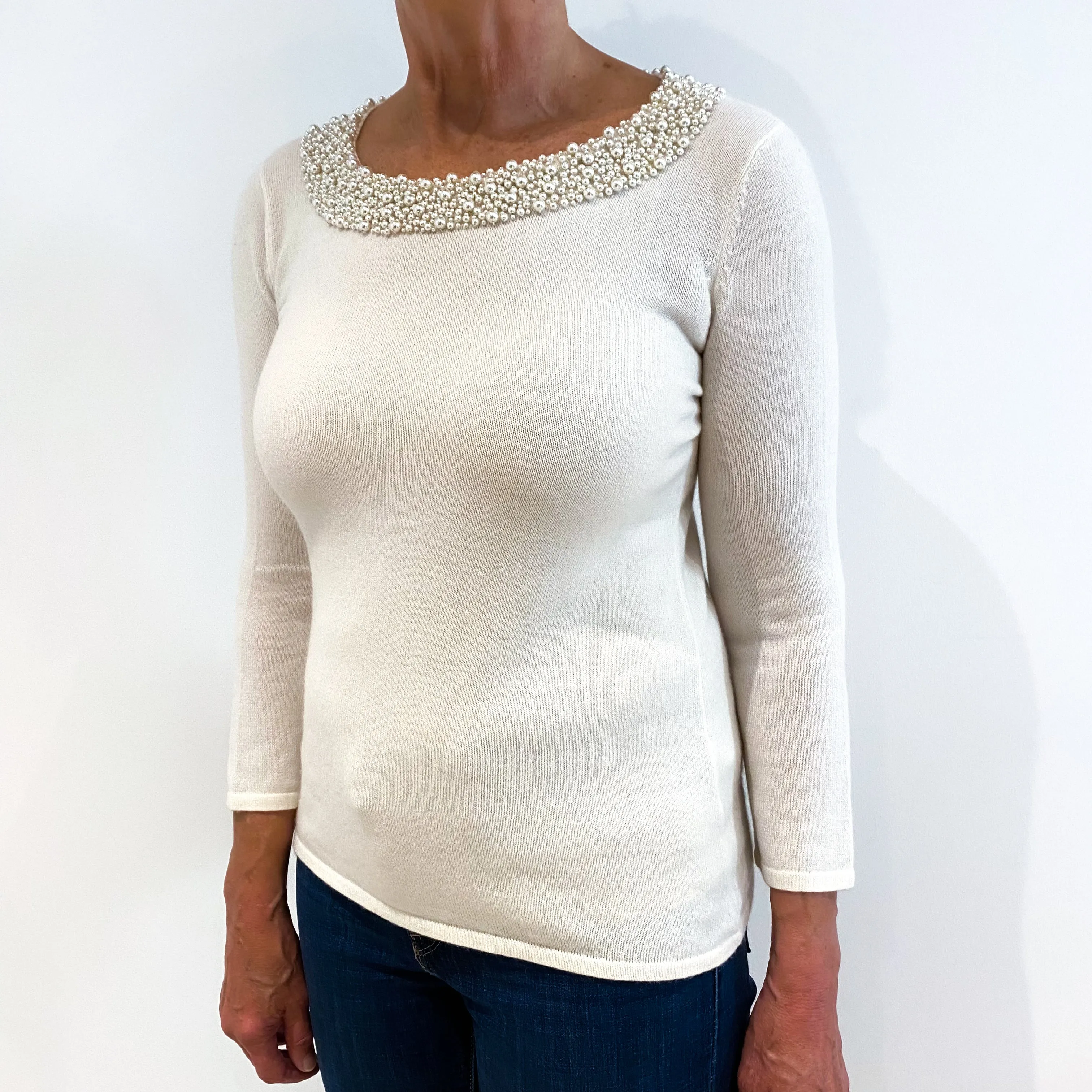 Cream Pearl Embellished Neckline Cashmere Crew  Neck Jumper Medium