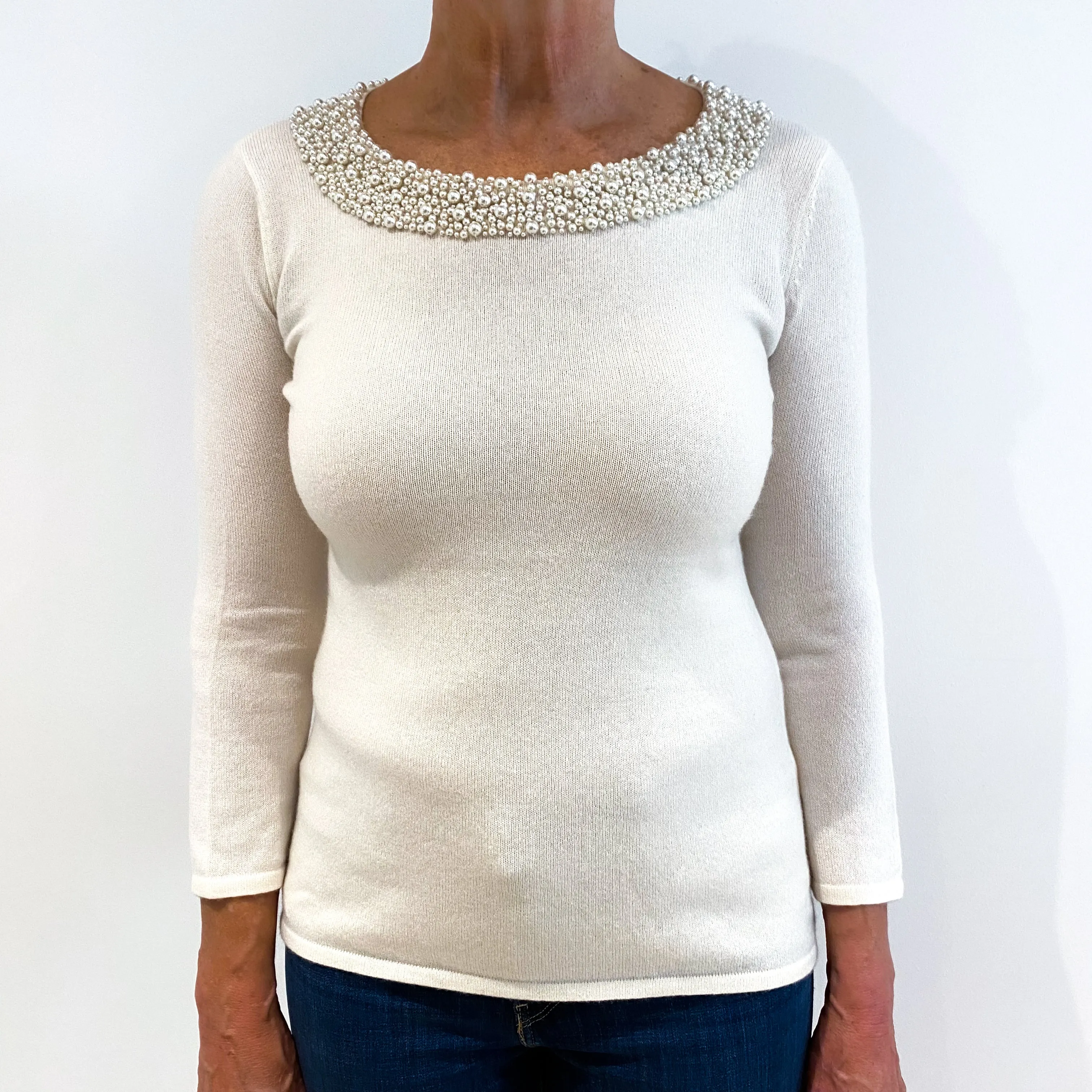 Cream Pearl Embellished Neckline Cashmere Crew  Neck Jumper Medium