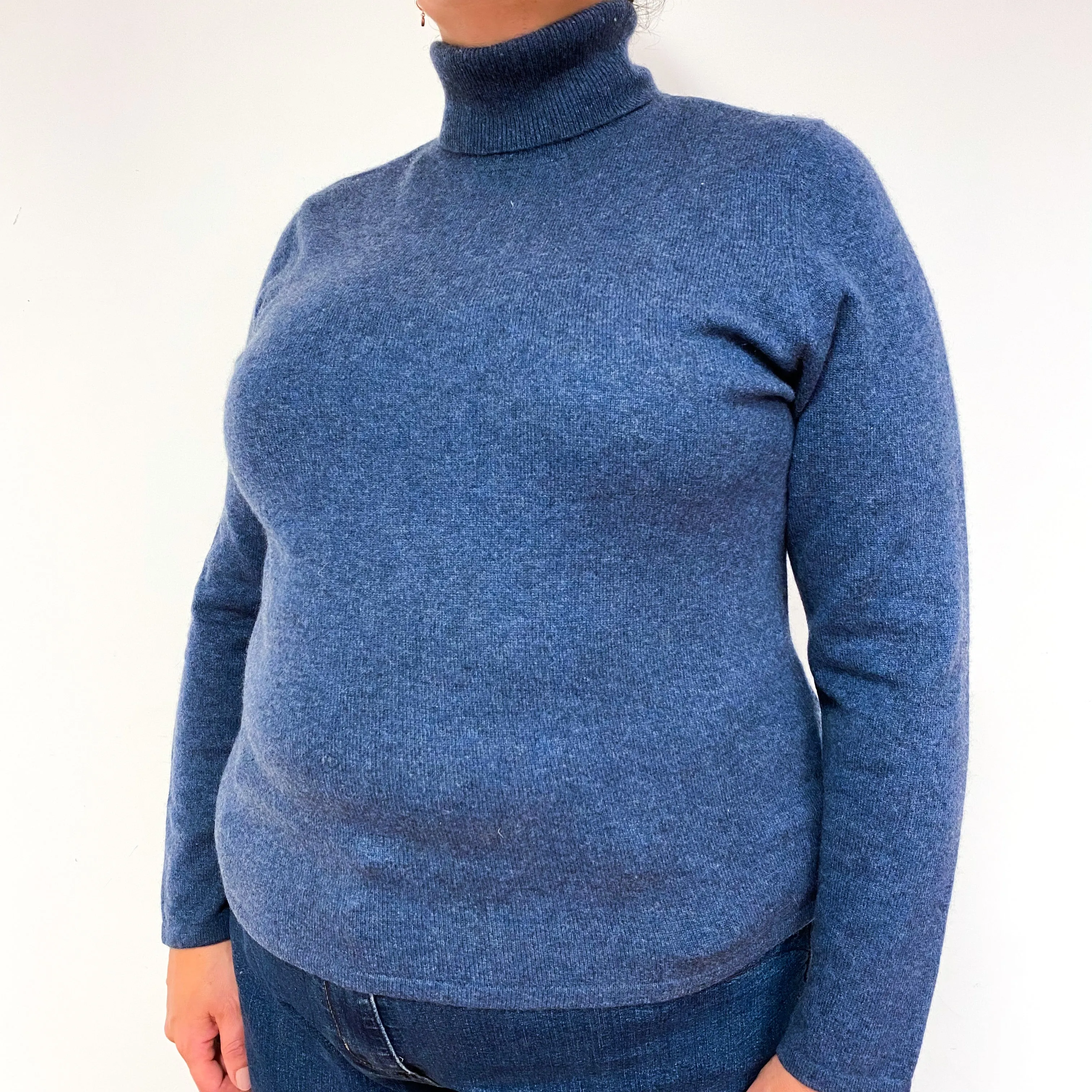 Denim Blue Cashmere Polo Neck Jumper Extra Large