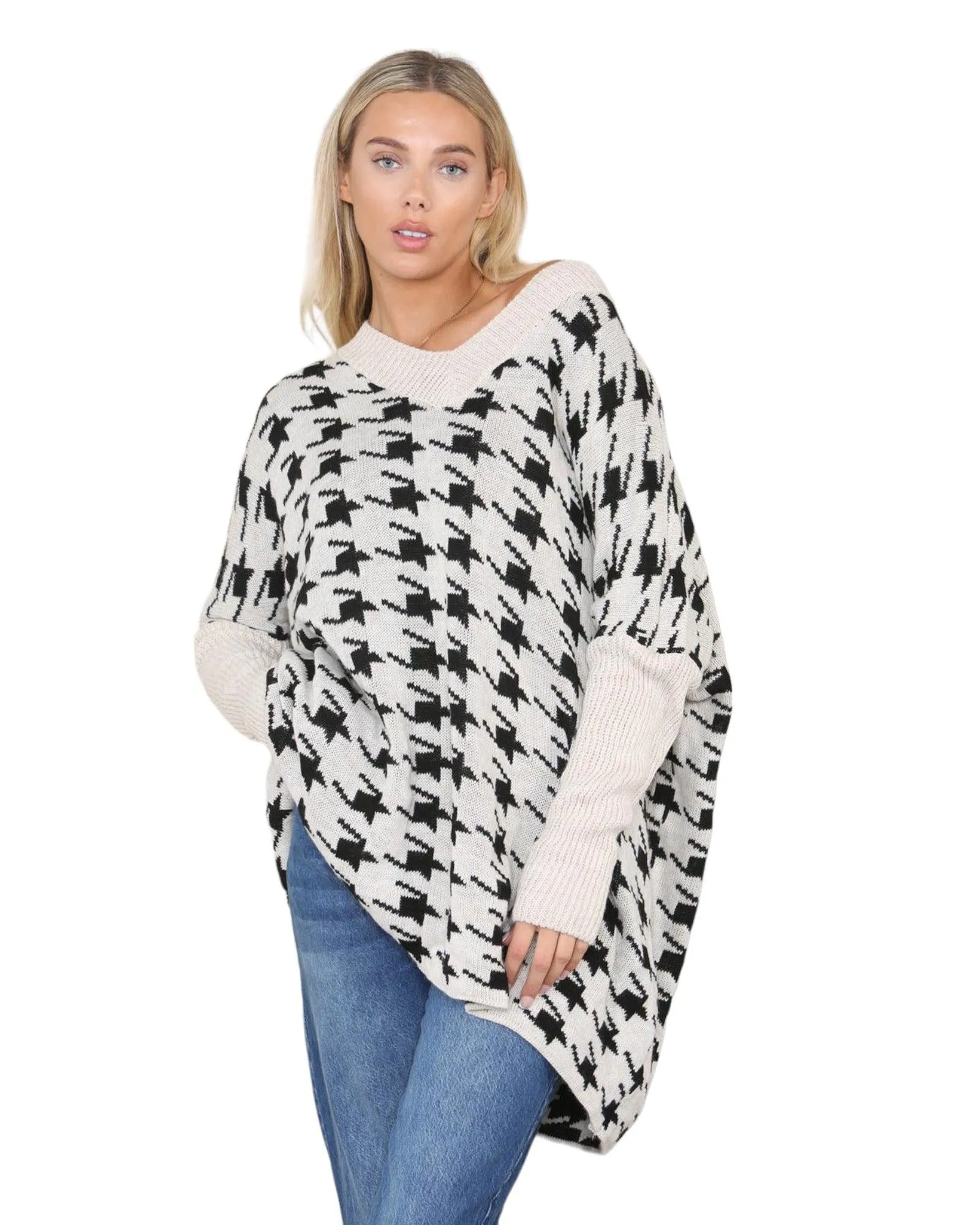 Dog Tooth Print High Neck Knitted Jumper Top