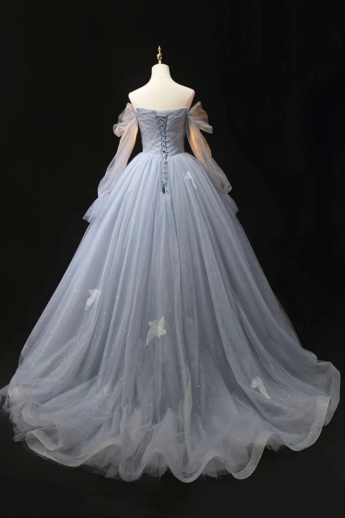 Gray Blue Tulle Floor Length Prom Dress, Elegant Long Sleeve Formal Evening Dress