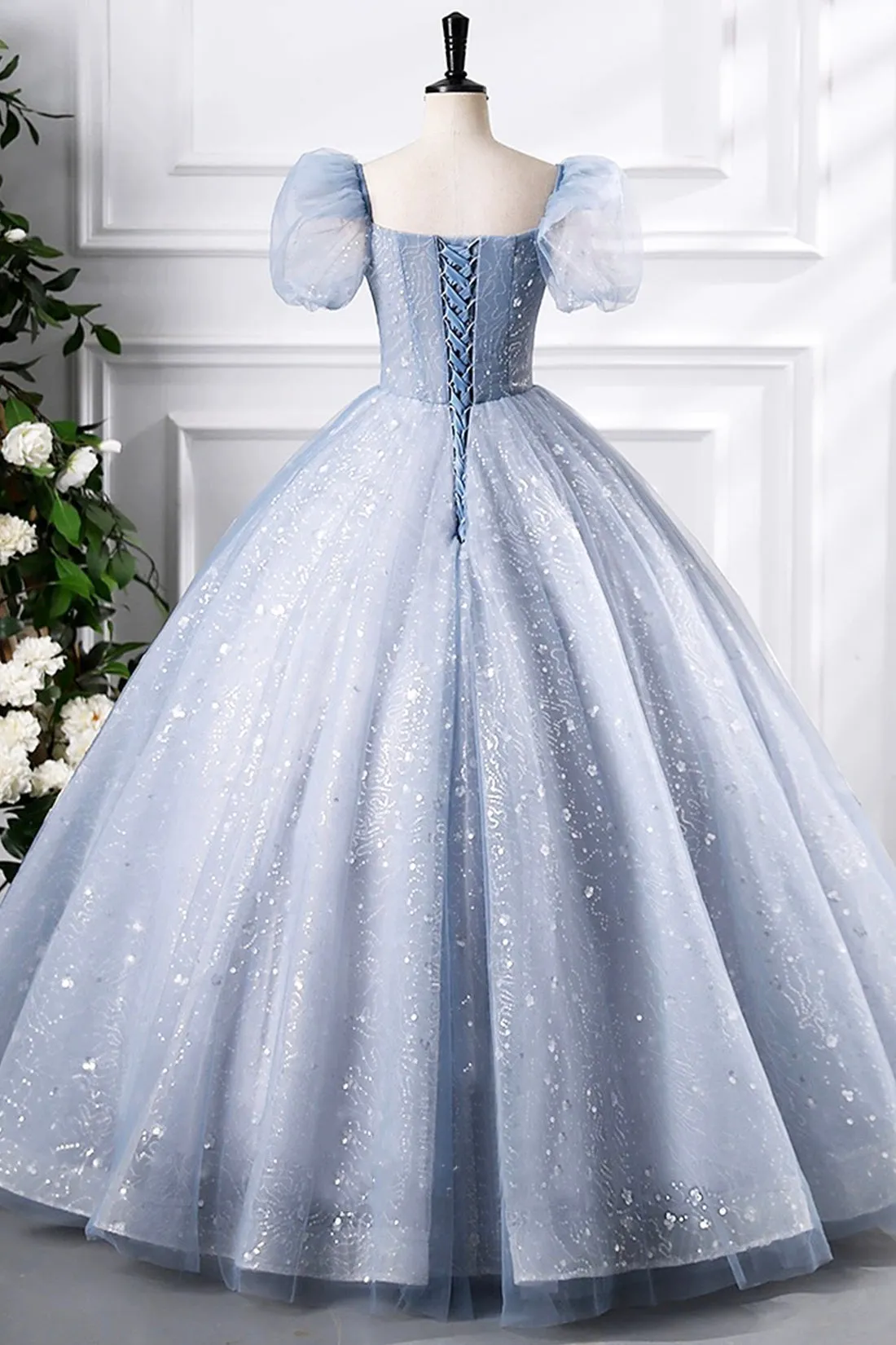 Gray Blue Tulle Sequins Floor Length Prom Dress, A-Line Short Sleeve Evening Party Dress