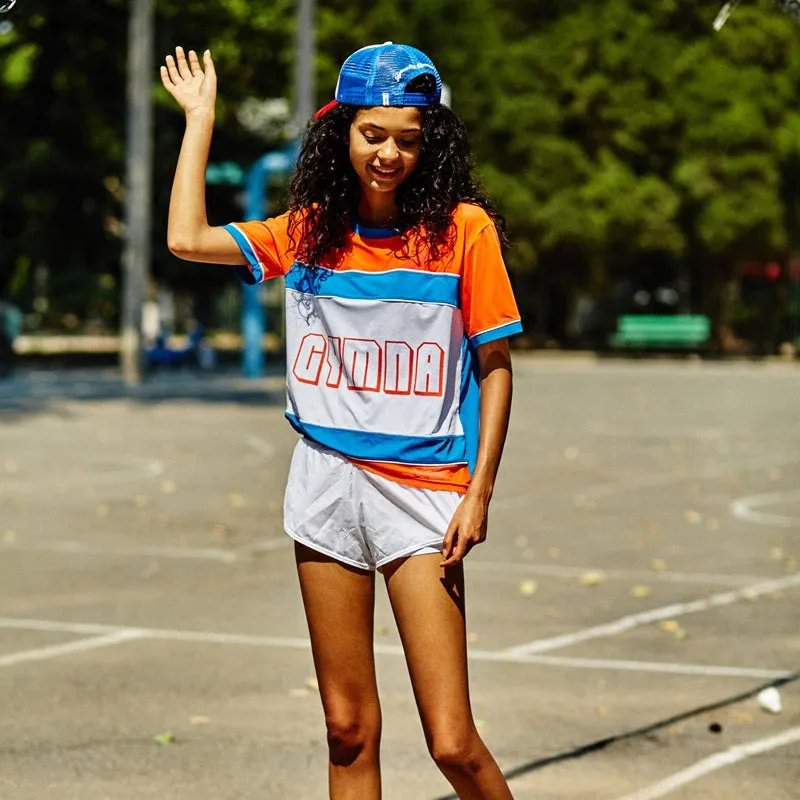 GYMNA TRAINING SHORT SLEEVE MESH TOP IN BLUE STRIPE