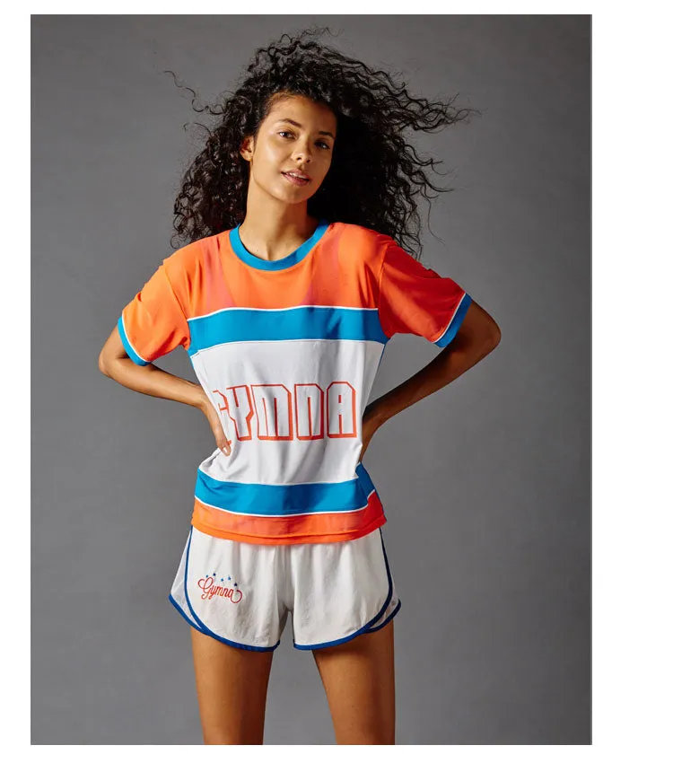 GYMNA TRAINING SHORT SLEEVE MESH TOP IN BLUE STRIPE