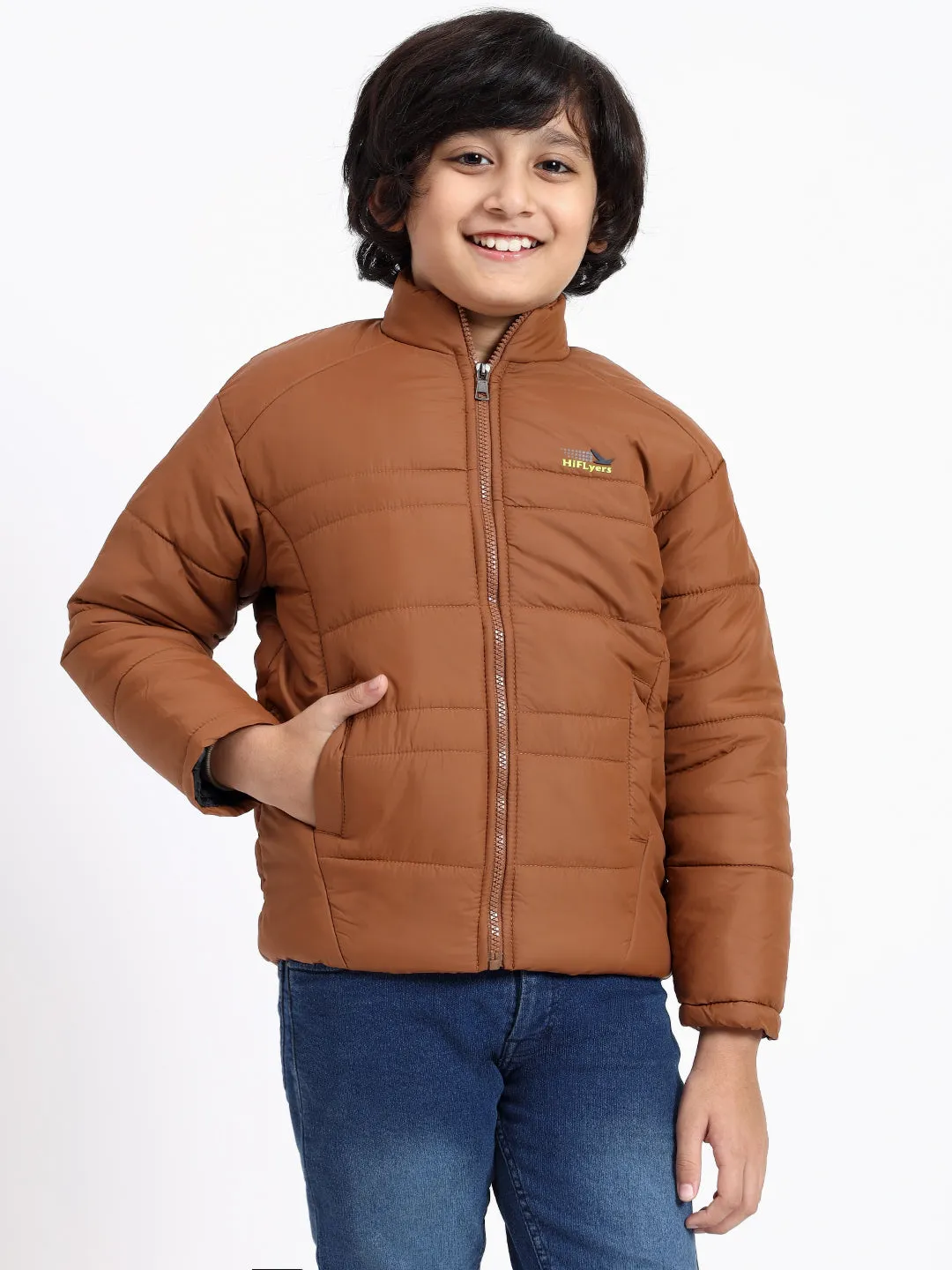 HiFlyers Boys Regular Fit | Polyster |Fluffy Full Sleeves |Quilted Insulation|High Neck Stand Collar|Zipper Jacket -Brown