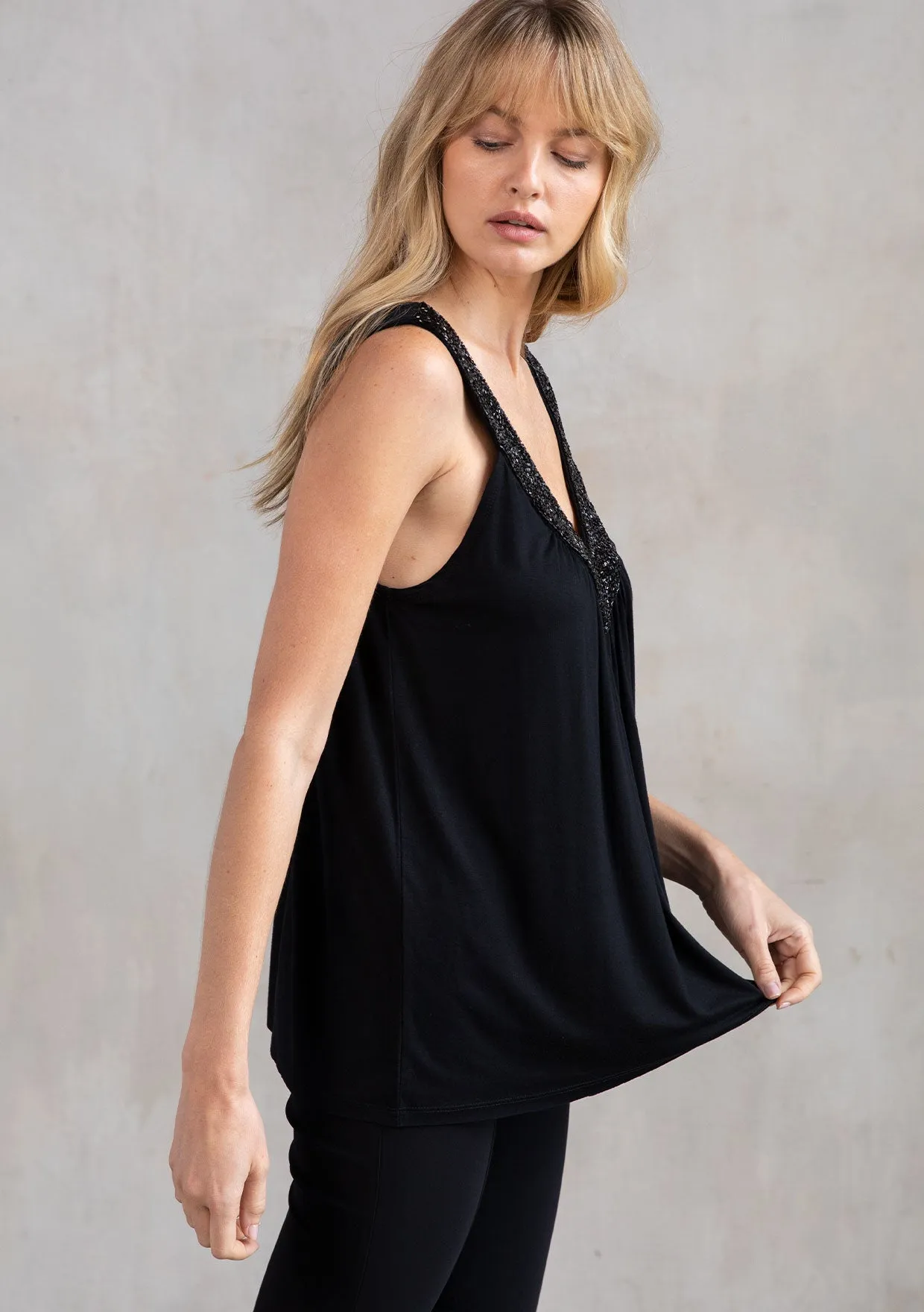 Holiday Beaded V Neck Flowy Knit Tank Top