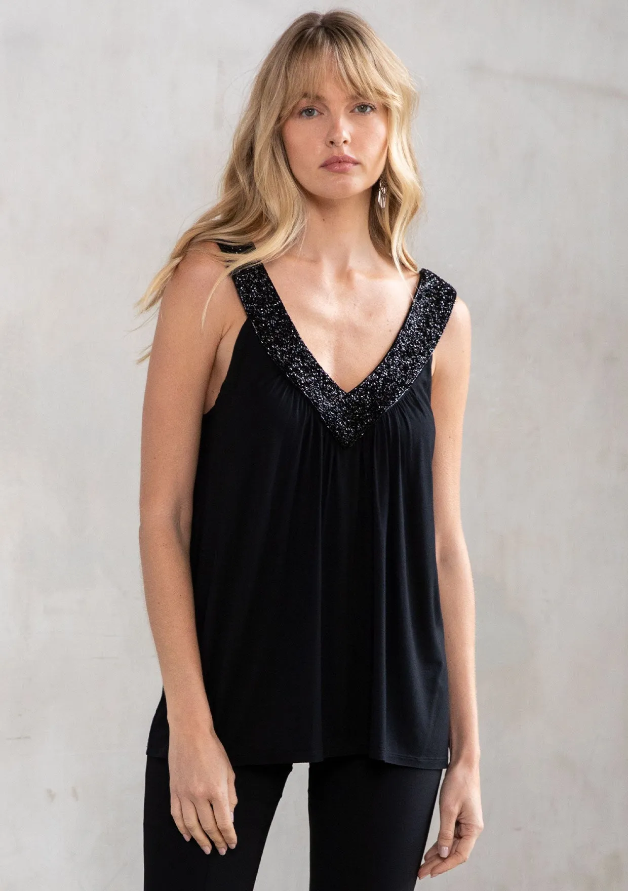 Holiday Beaded V Neck Flowy Knit Tank Top