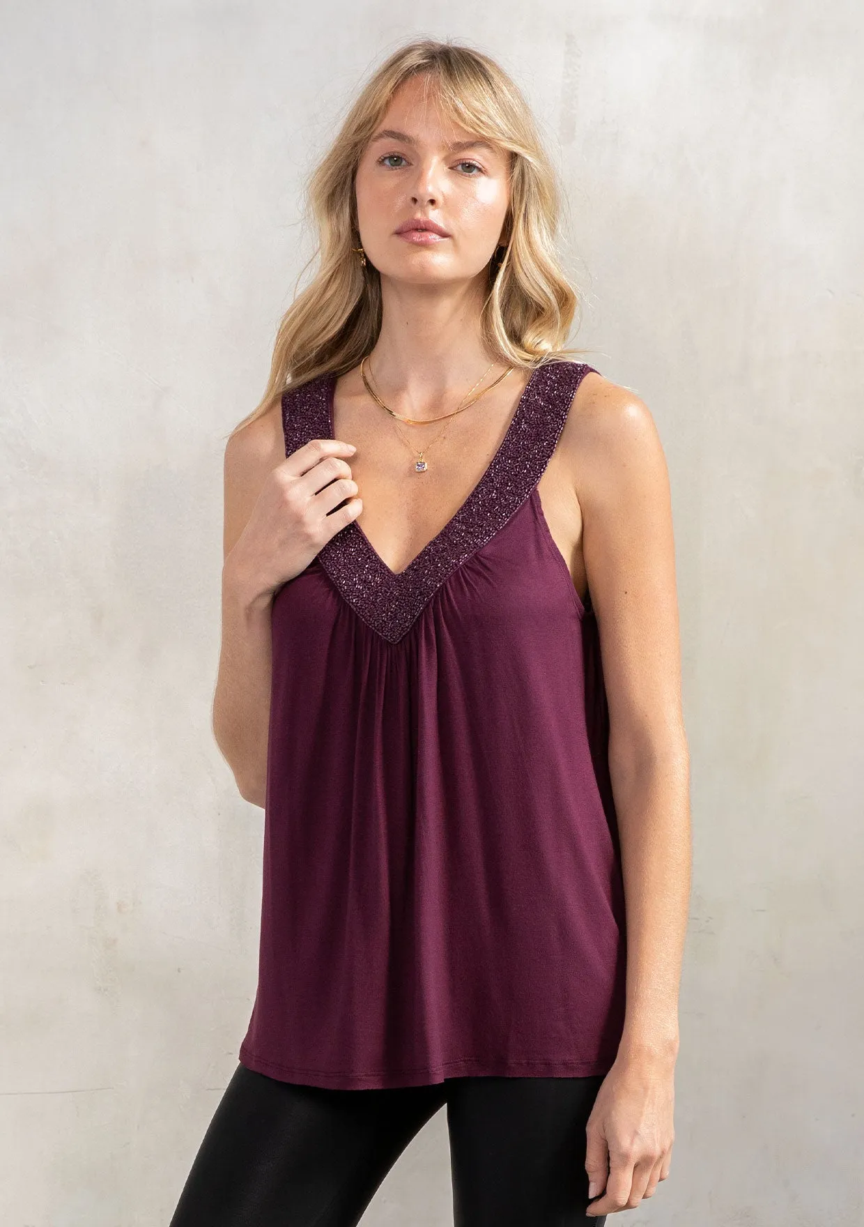Holiday Beaded V Neck Flowy Knit Tank Top