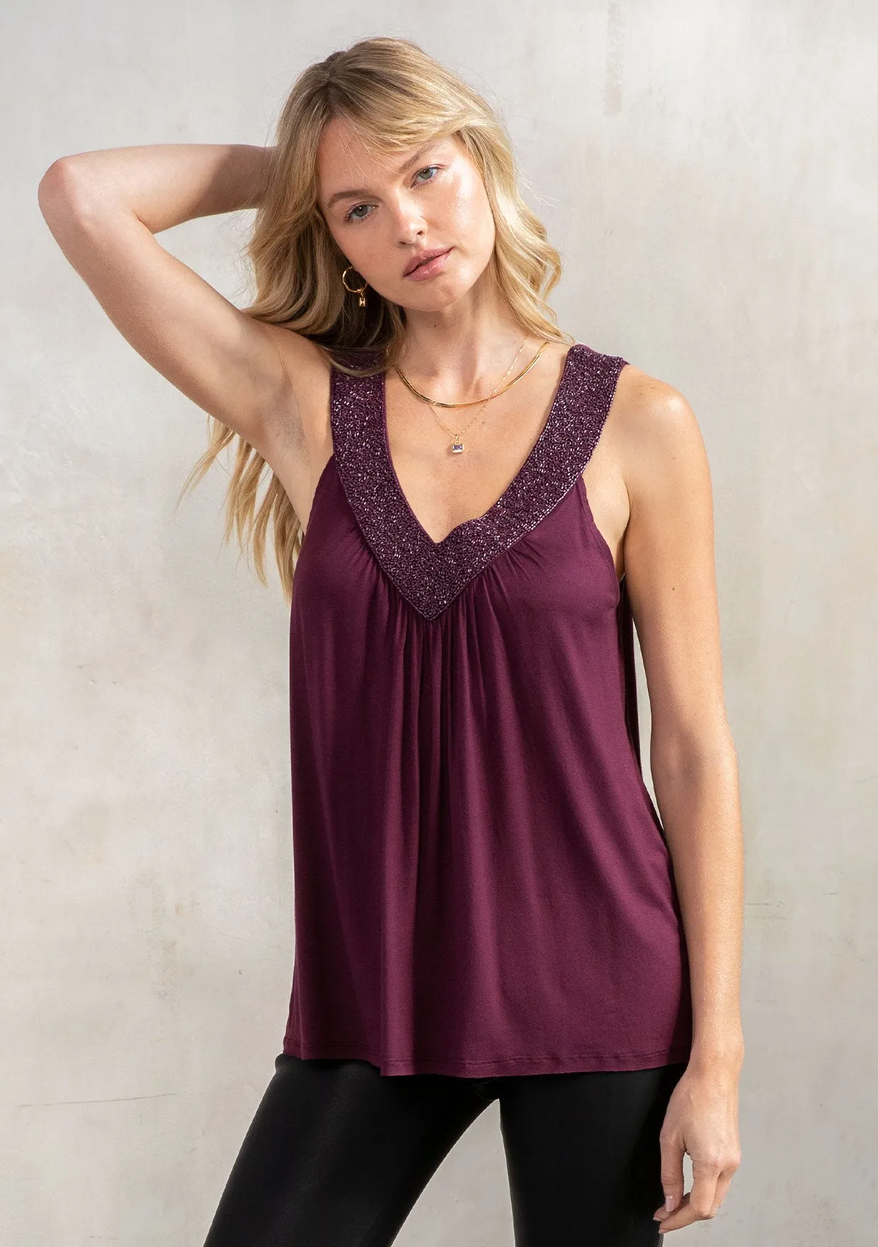 Holiday Beaded V Neck Flowy Knit Tank Top