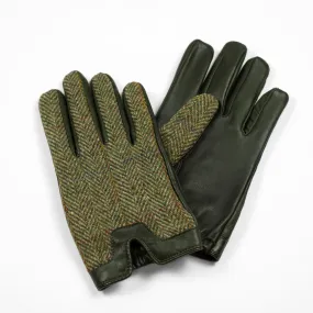 Hunter green cashmere-lined gloves with Harris Tweed herringbone back