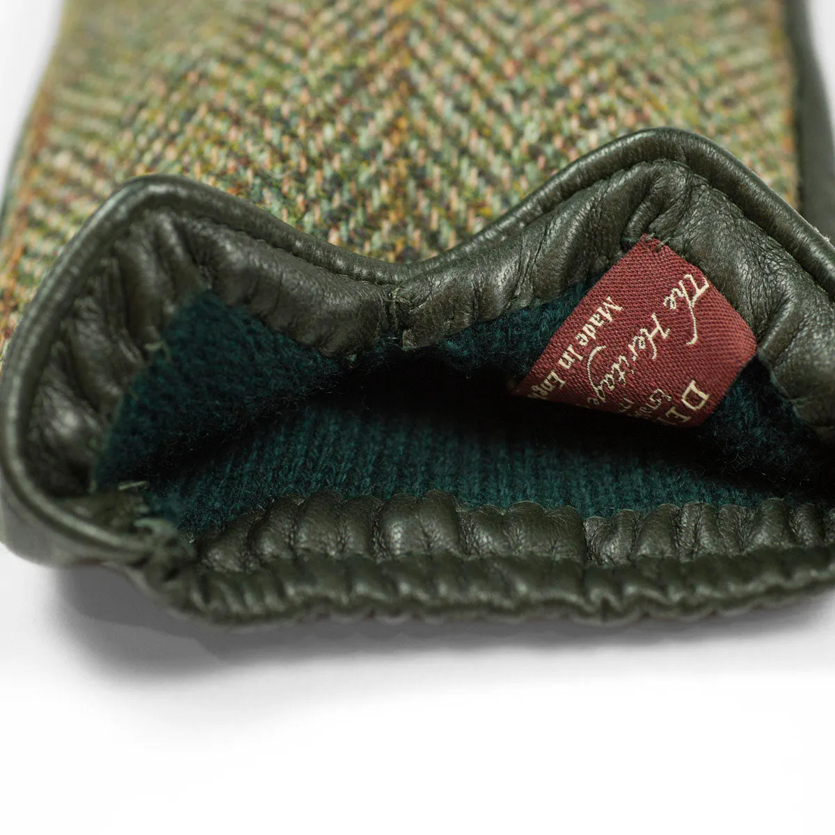 Hunter green cashmere-lined gloves with Harris Tweed herringbone back