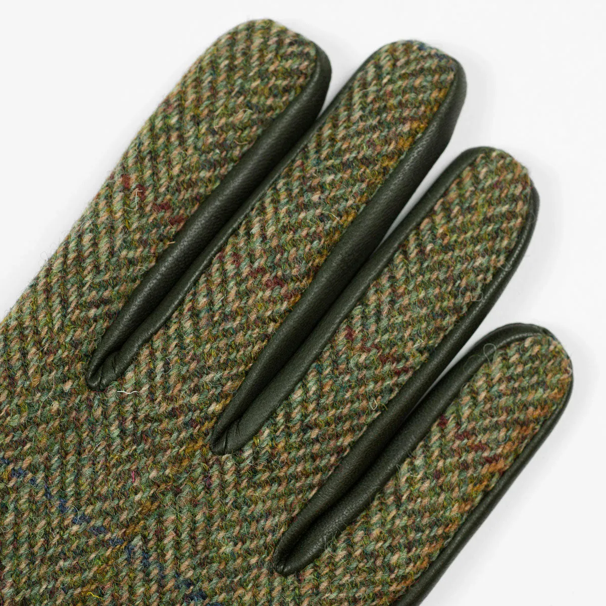 Hunter green cashmere-lined gloves with Harris Tweed herringbone back