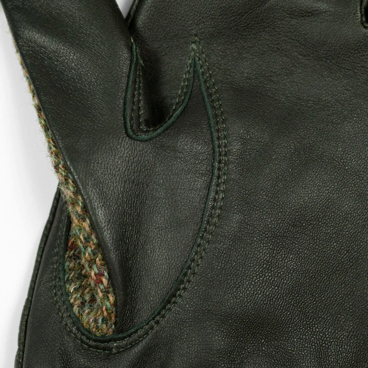 Hunter green cashmere-lined gloves with Harris Tweed herringbone back