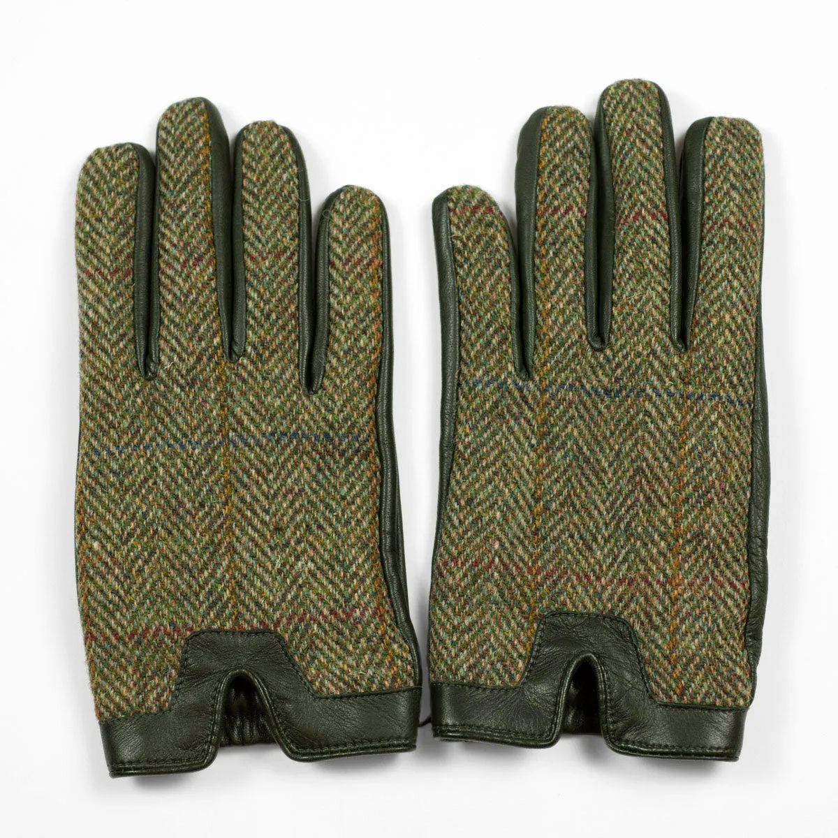 Hunter green cashmere-lined gloves with Harris Tweed herringbone back
