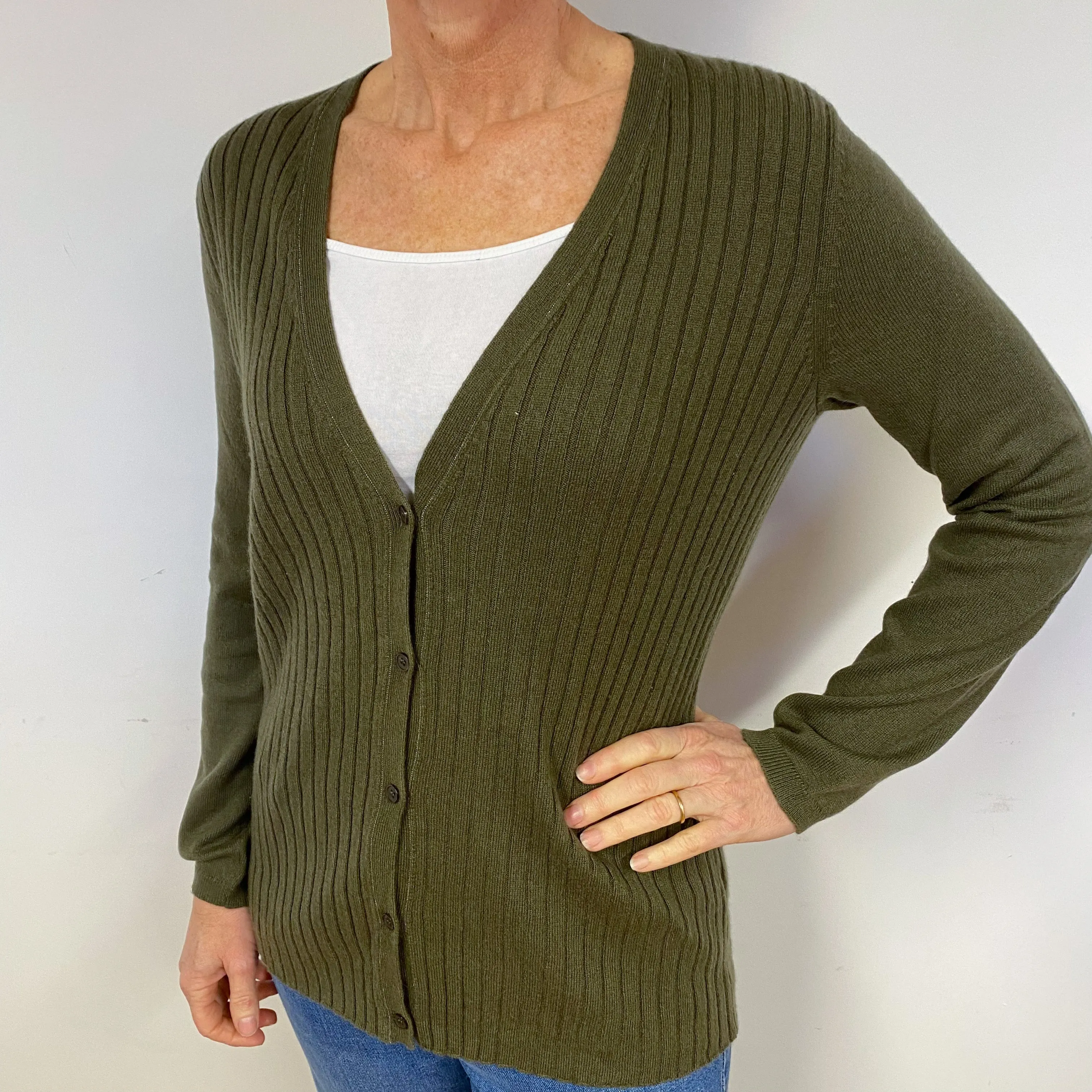 Khaki Green Ribbed Cashmere V-Neck Cardigan Medium