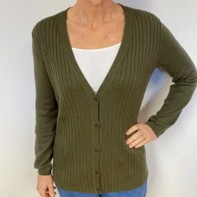 Khaki Green Ribbed Cashmere V-Neck Cardigan Medium
