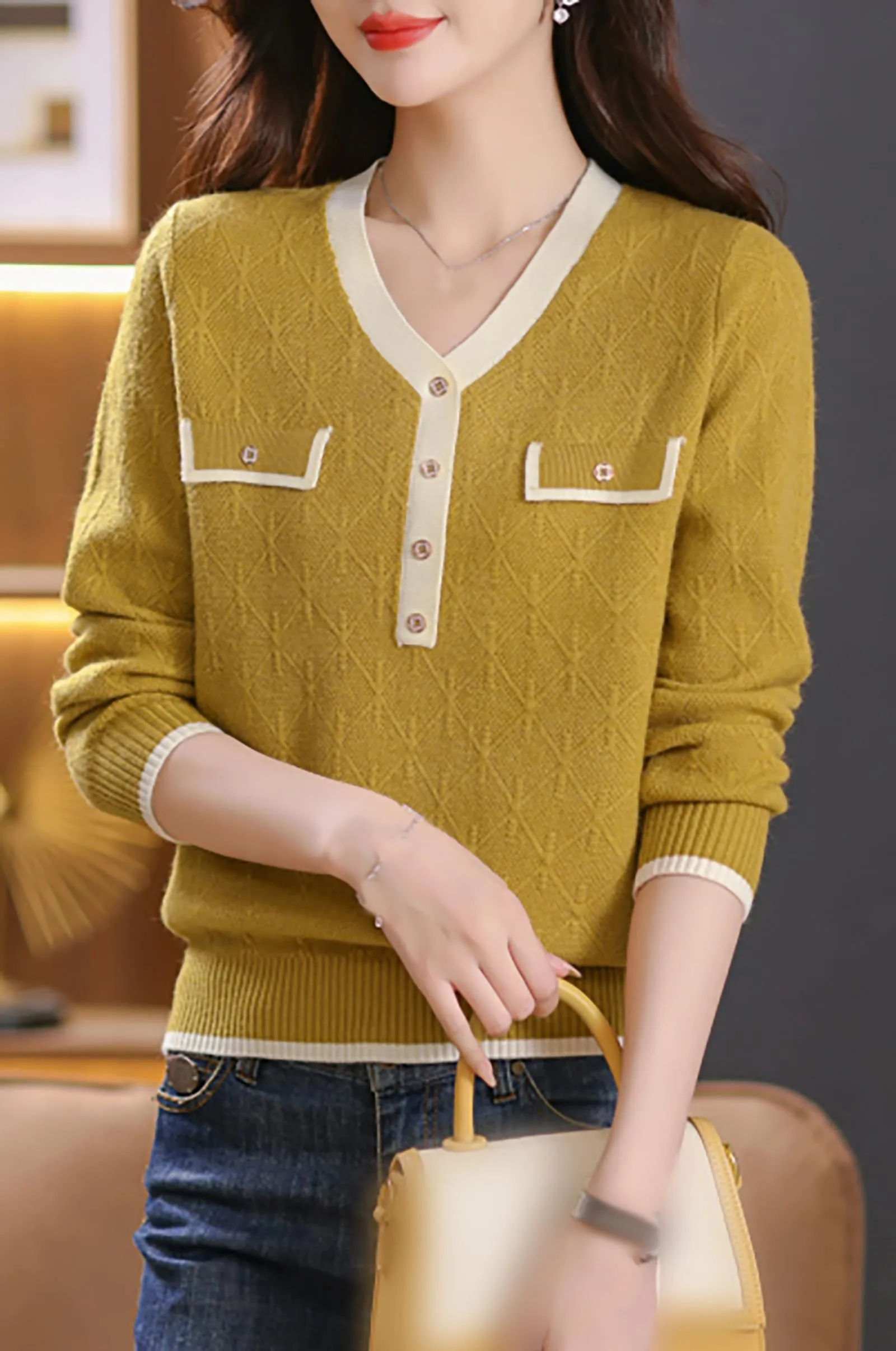Knit Solid Color Button Pullover Tops