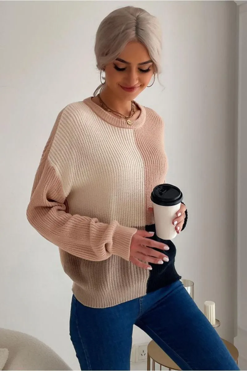 KNITTED COLOR BLOCK SIMPLE CASUAL SWEATER