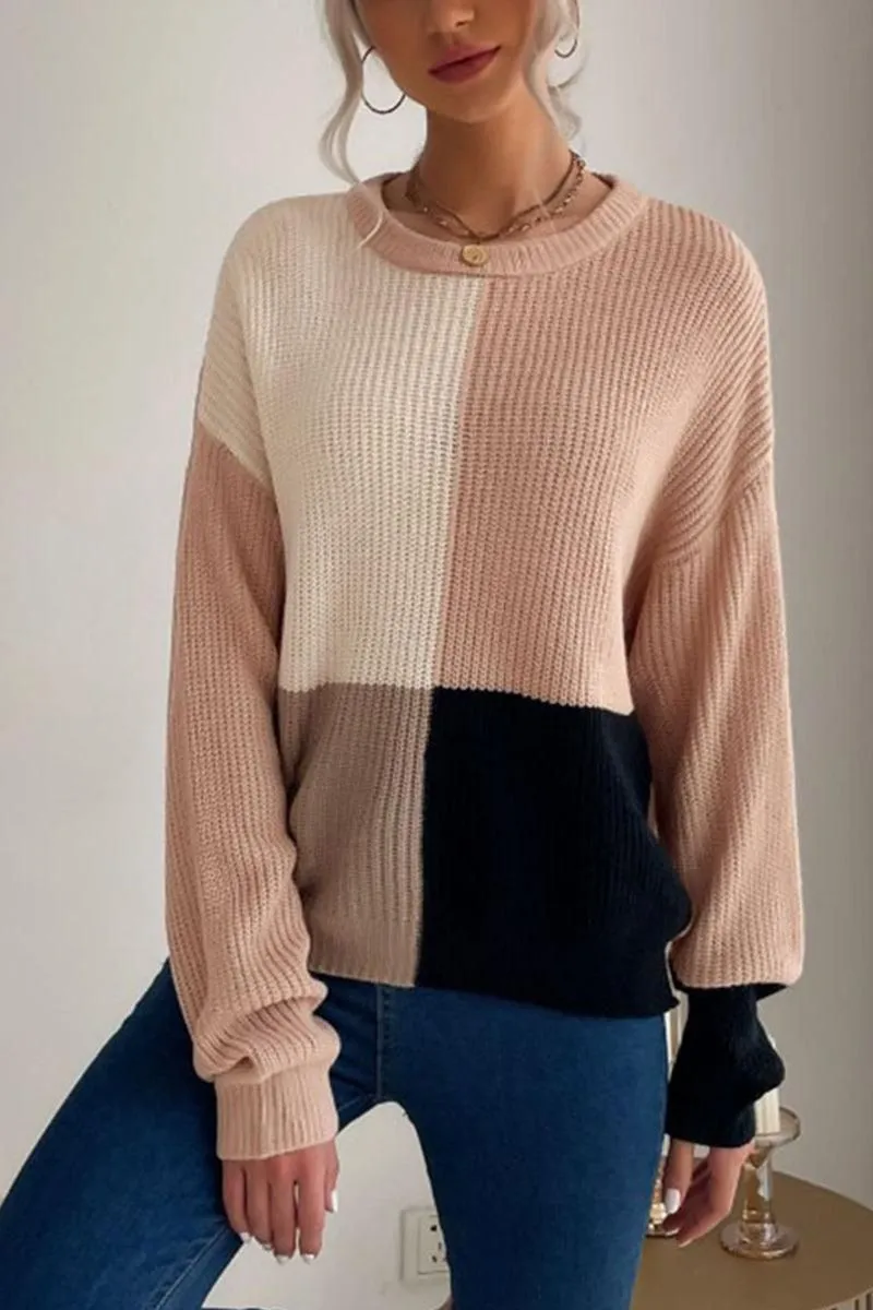 KNITTED COLOR BLOCK SIMPLE CASUAL SWEATER